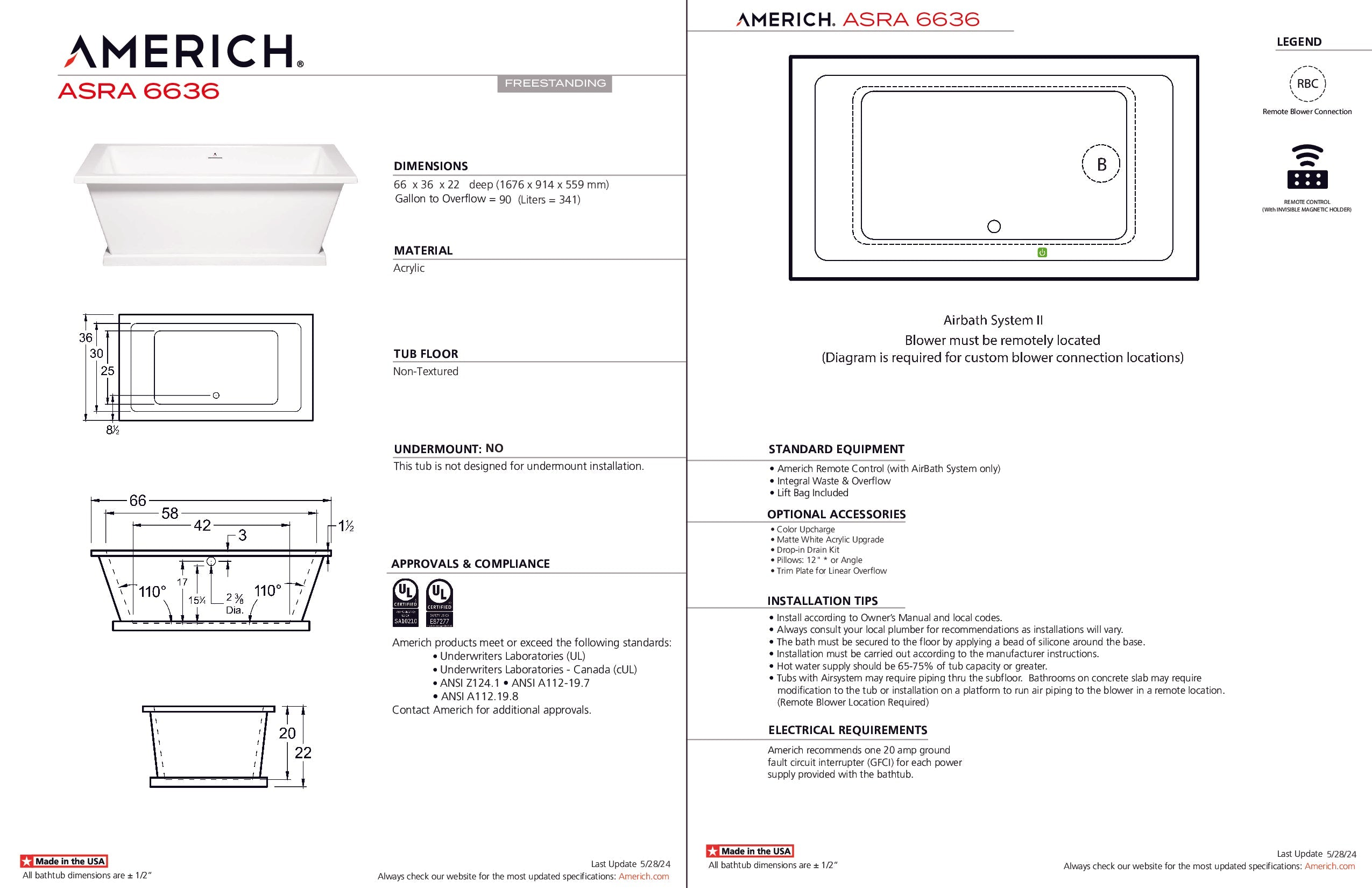 Americh Asra 6636 - Tub Only Freestanding Bathtub AS6636T-WH