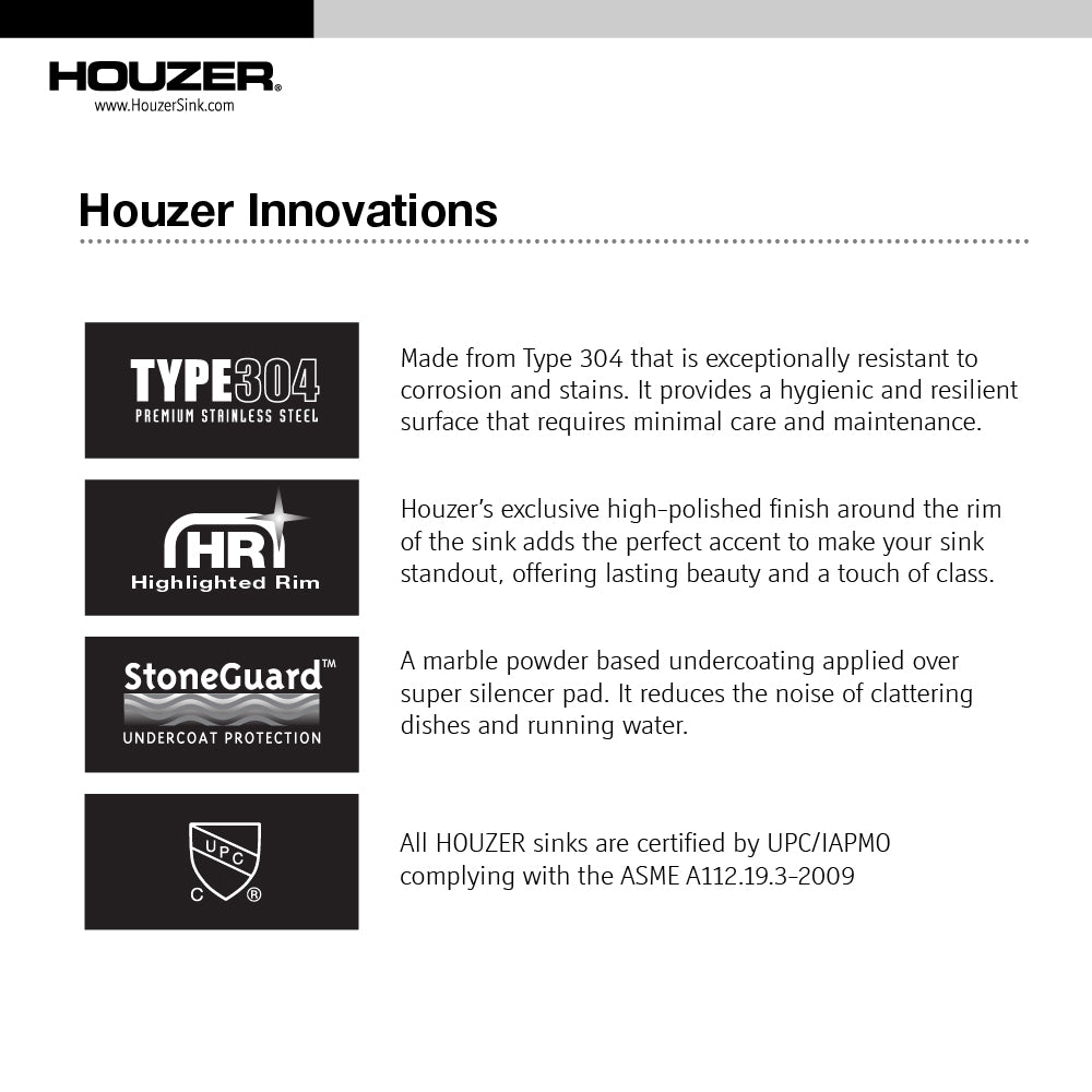 Houzer ADA Compliant 32 inch Stainless Steel Undermount 6 inch Deep Large Single Bowl Kitchen Sink - AU3018-60-1