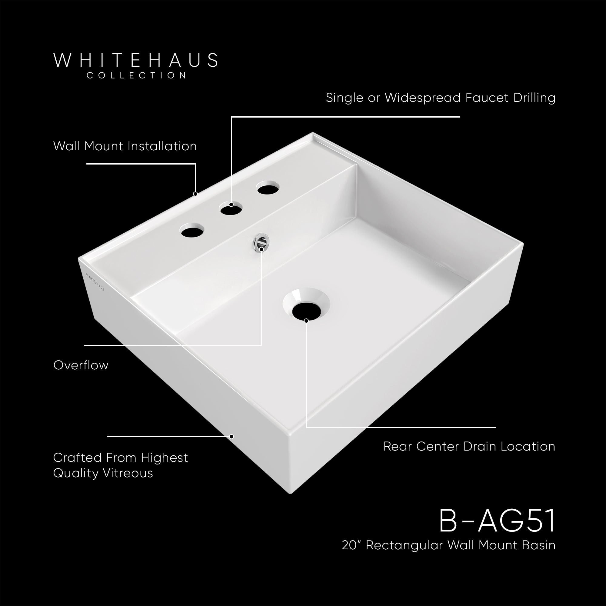 20" Rectangular Wall Mount Basin with Faucet Drilling and Overflow