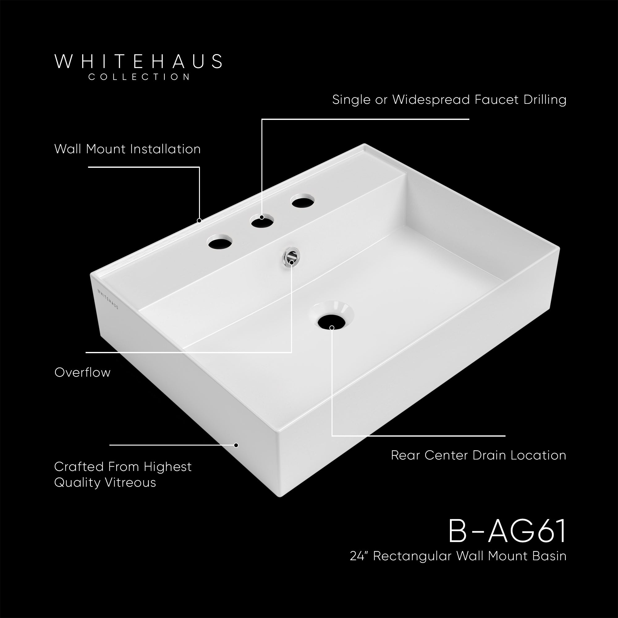 24" Rectangular Wall Mount Basin with Faucet Drilling and Overflow