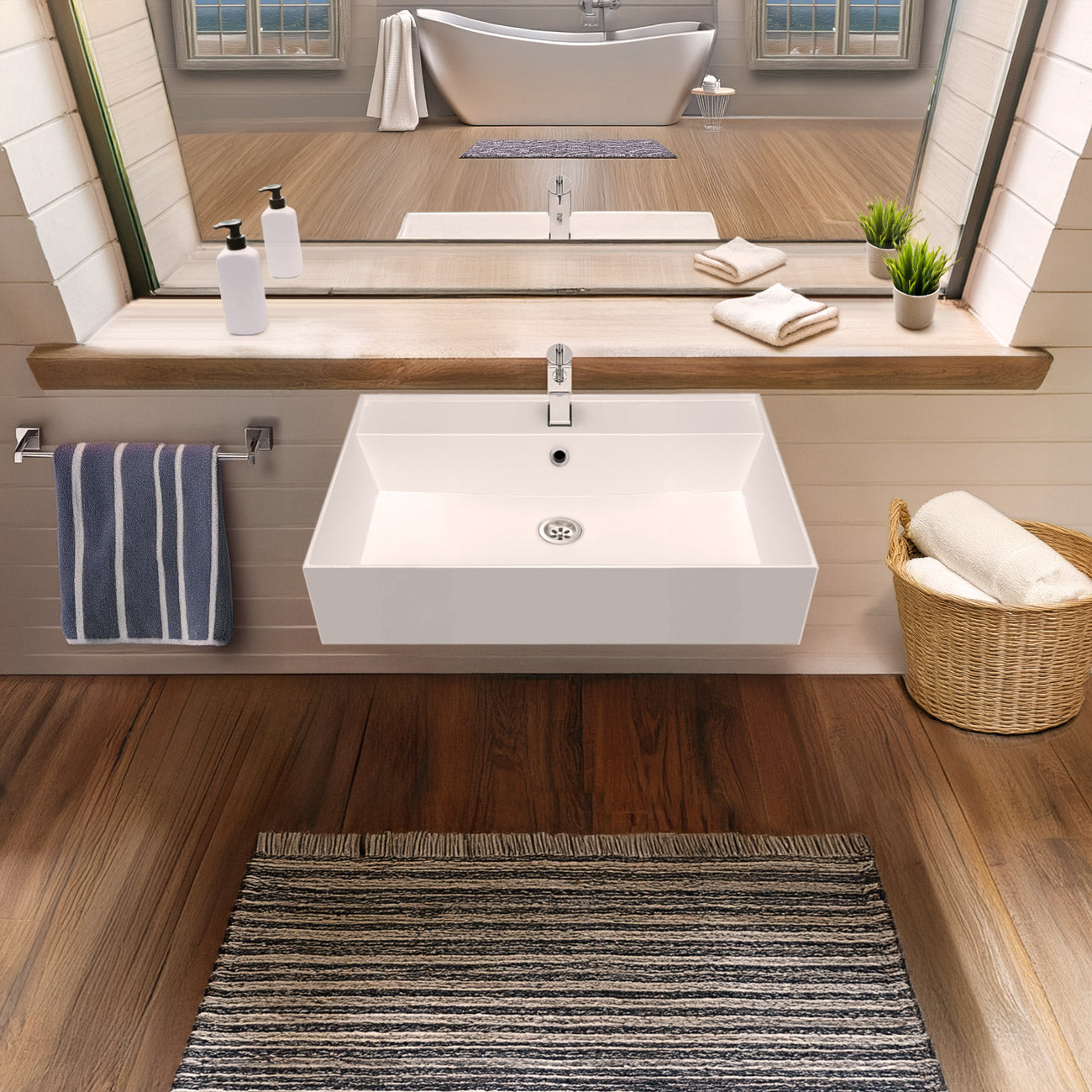 24" Rectangular Wall Mount Basin with Faucet Drilling and Overflow