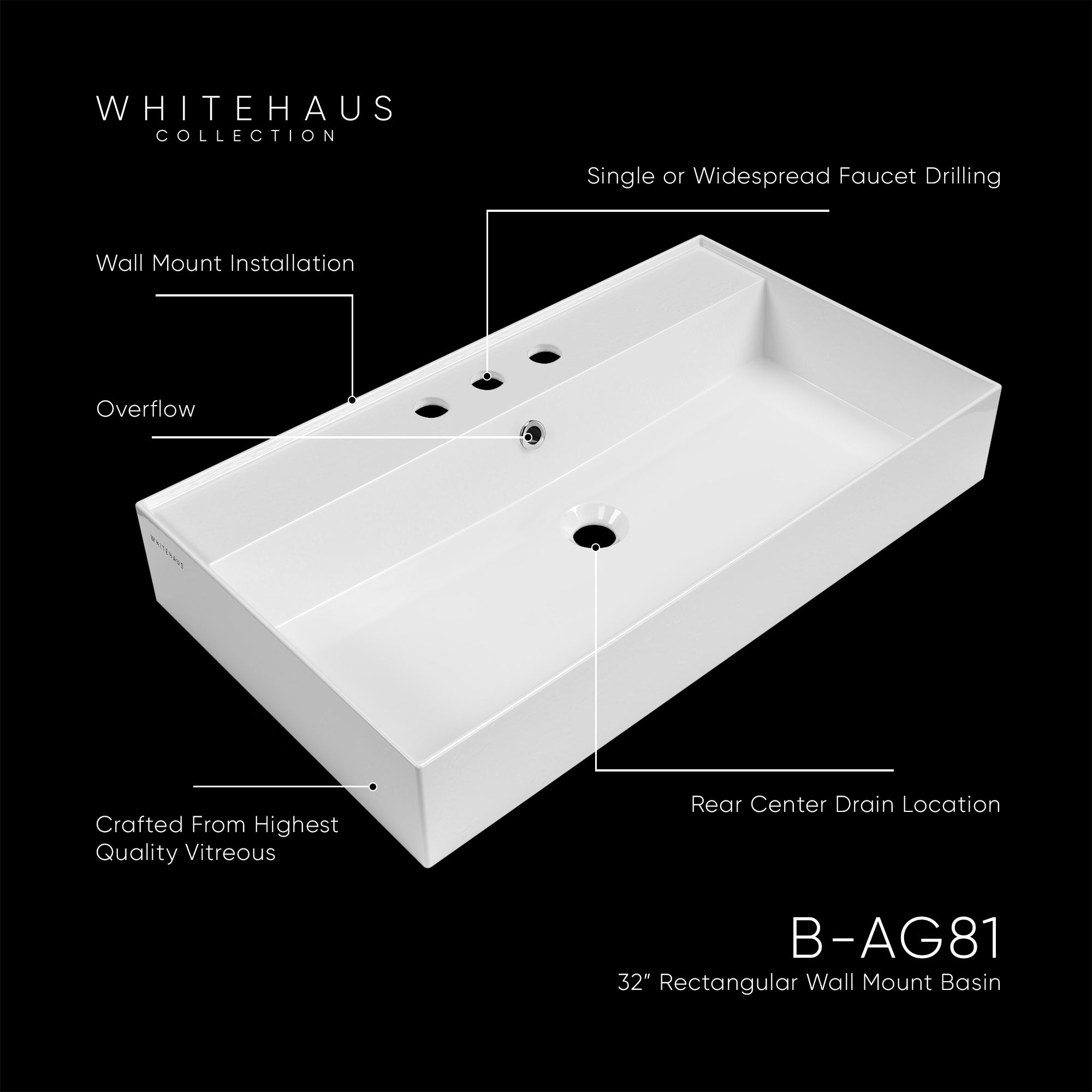 32" Rectangular Wall Mount Basin with Faucet Drilling and Overflow