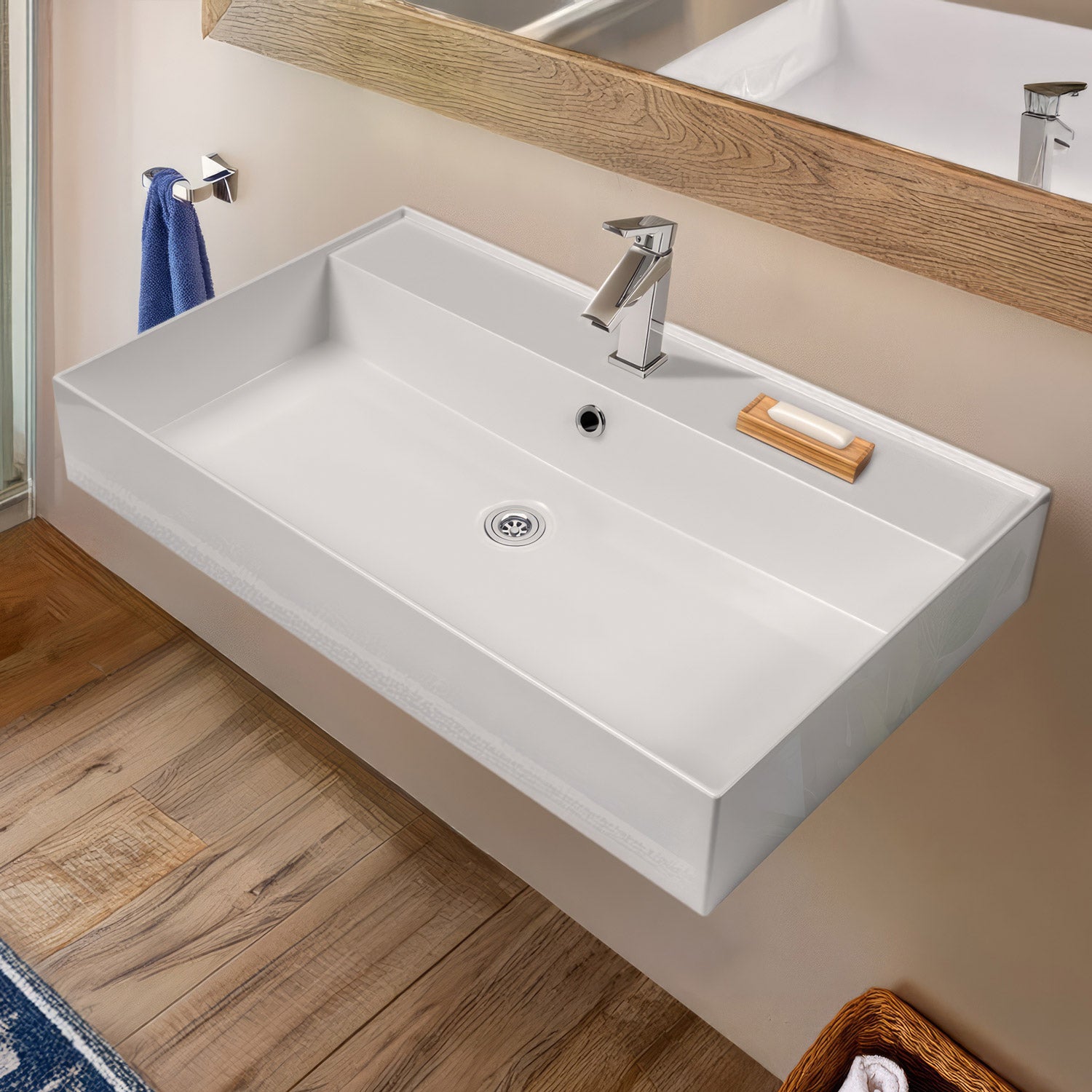 32" Rectangular Wall Mount Basin with Faucet Drilling and Overflow