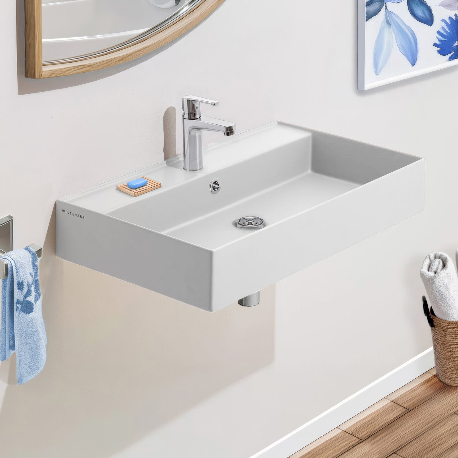 32" Rectangular Wall Mount Basin with Faucet Drilling and Overflow
