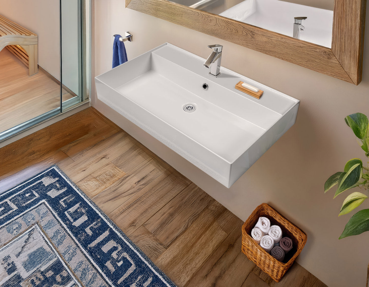 32" Rectangular Wall Mount Basin with Faucet Drilling and Overflow