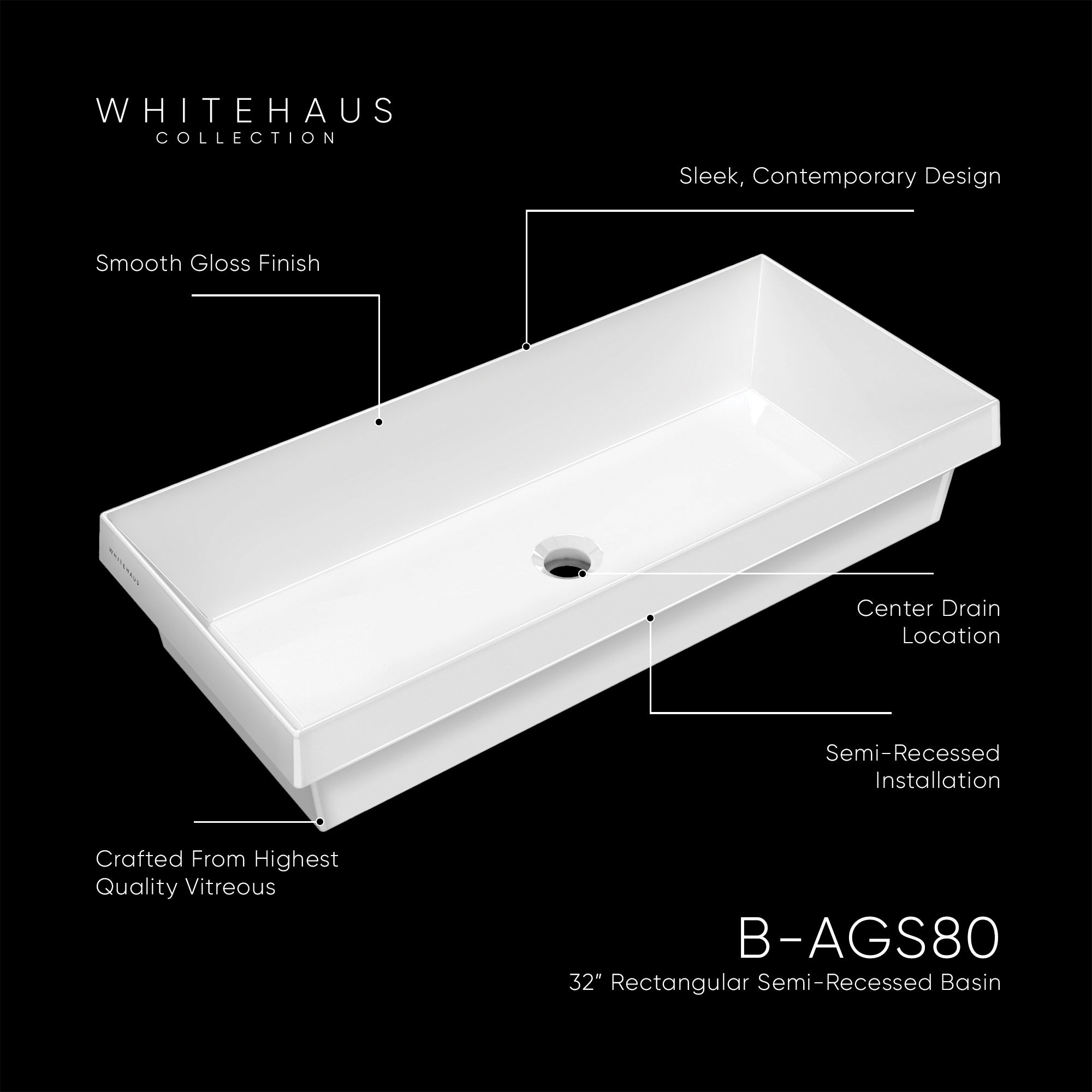 32" Rectangular Semi-Recessed Basin with Center Drain Location