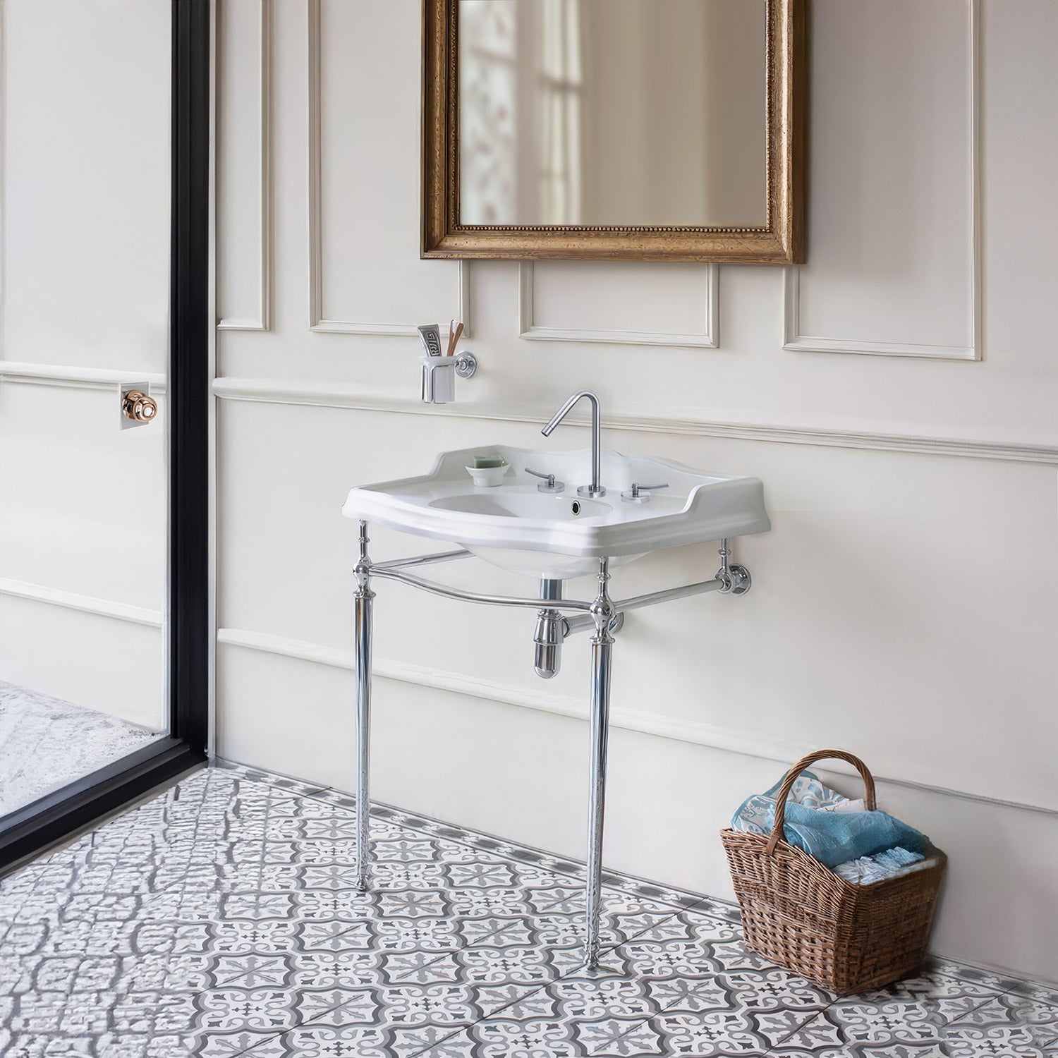 Britannia Large Rectangular Sink Console with Front Towel Bar and Faucet Hole Drill