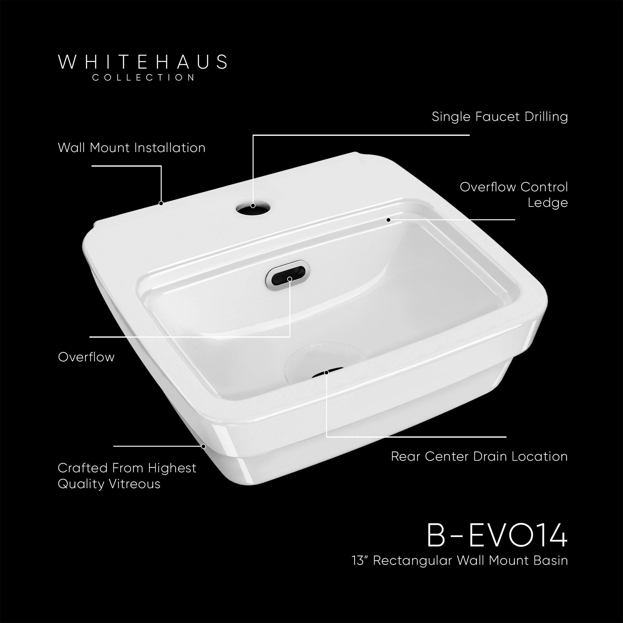 13" Rectangular Wall Mount Basin with Overflow Control Ledge, Single Faucet Drilling and Overflow