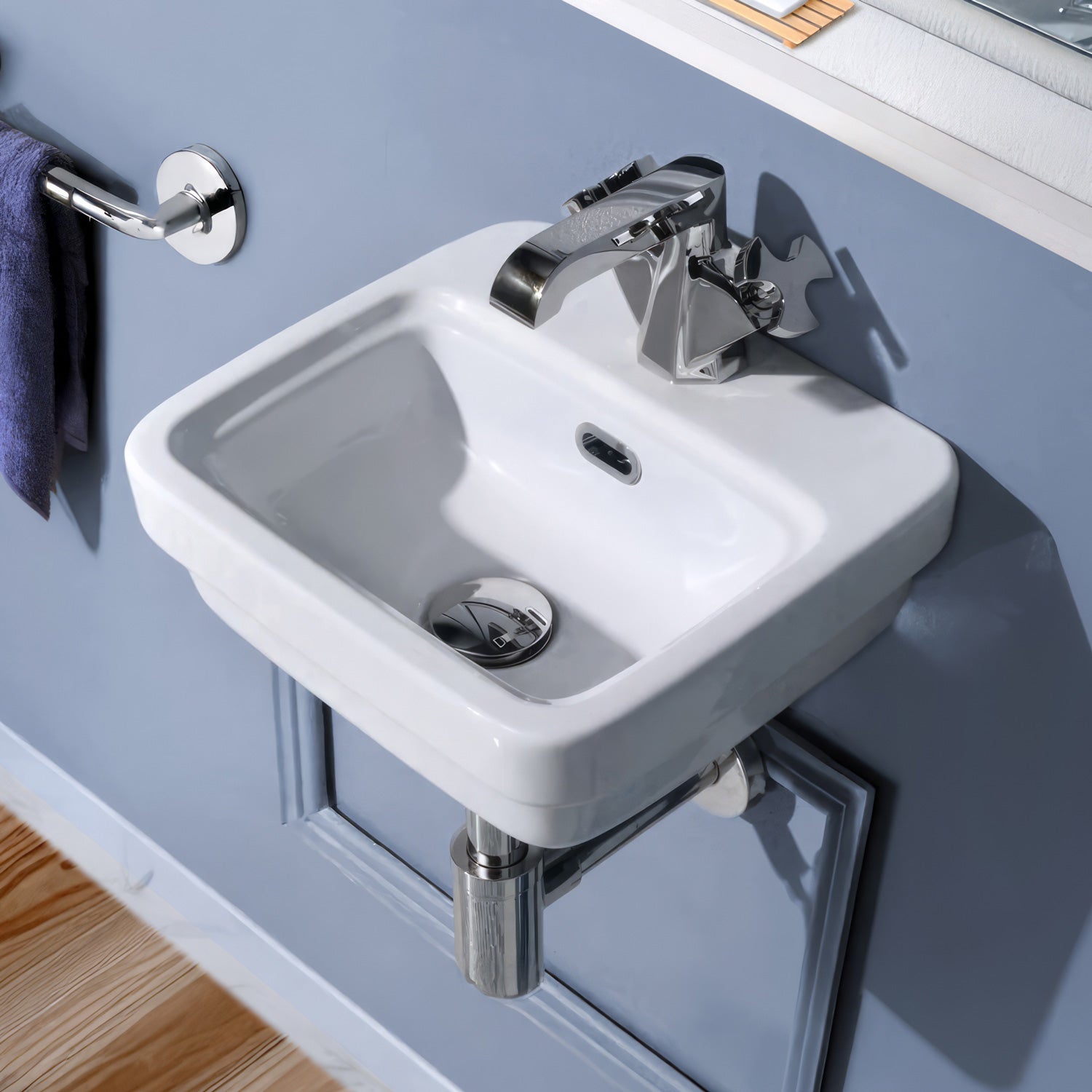 13" Rectangular Wall Mount Basin with Overflow Control Ledge, Single Faucet Drilling and Overflow