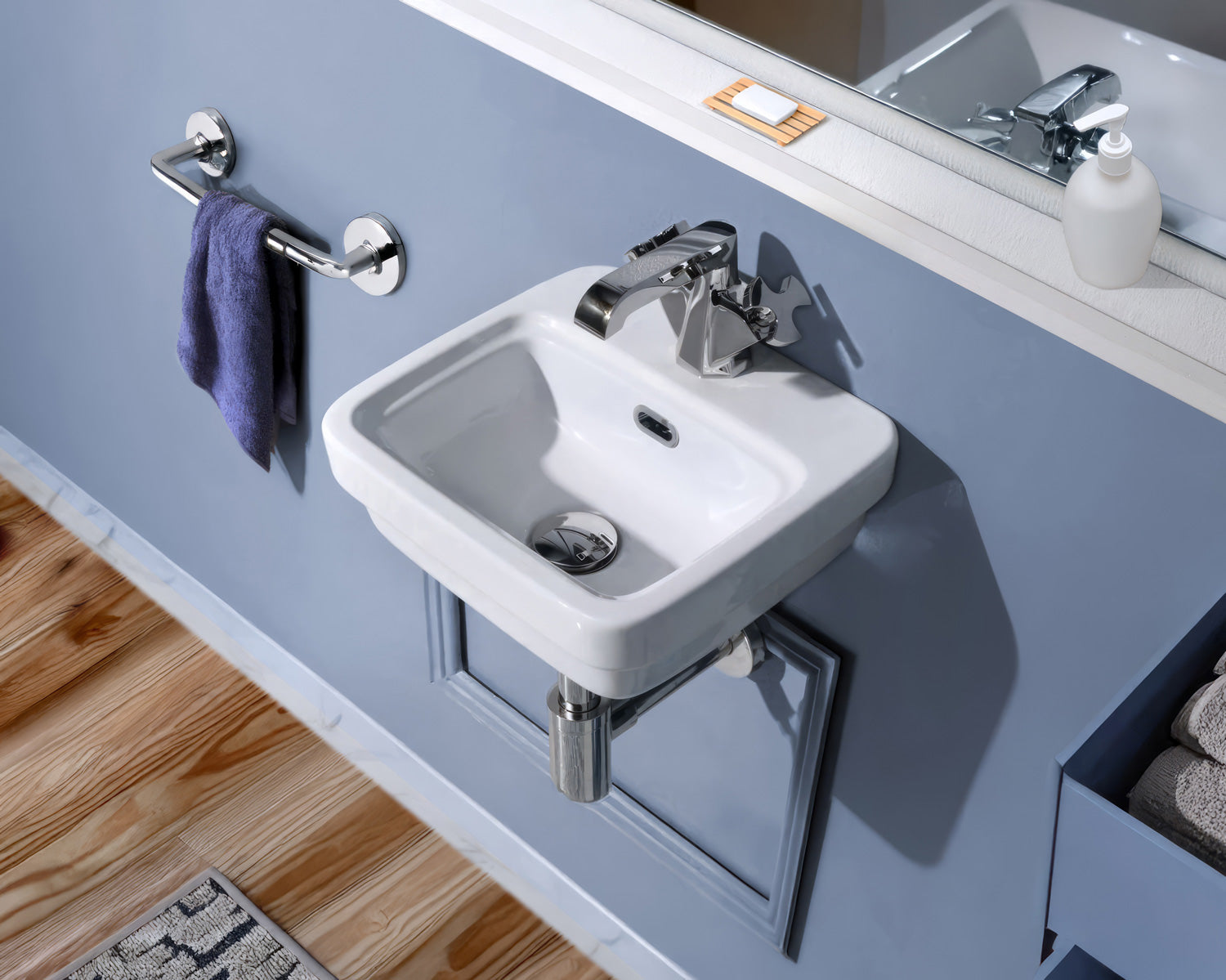 13" Rectangular Wall Mount Basin with Overflow Control Ledge, Single Faucet Drilling and Overflow