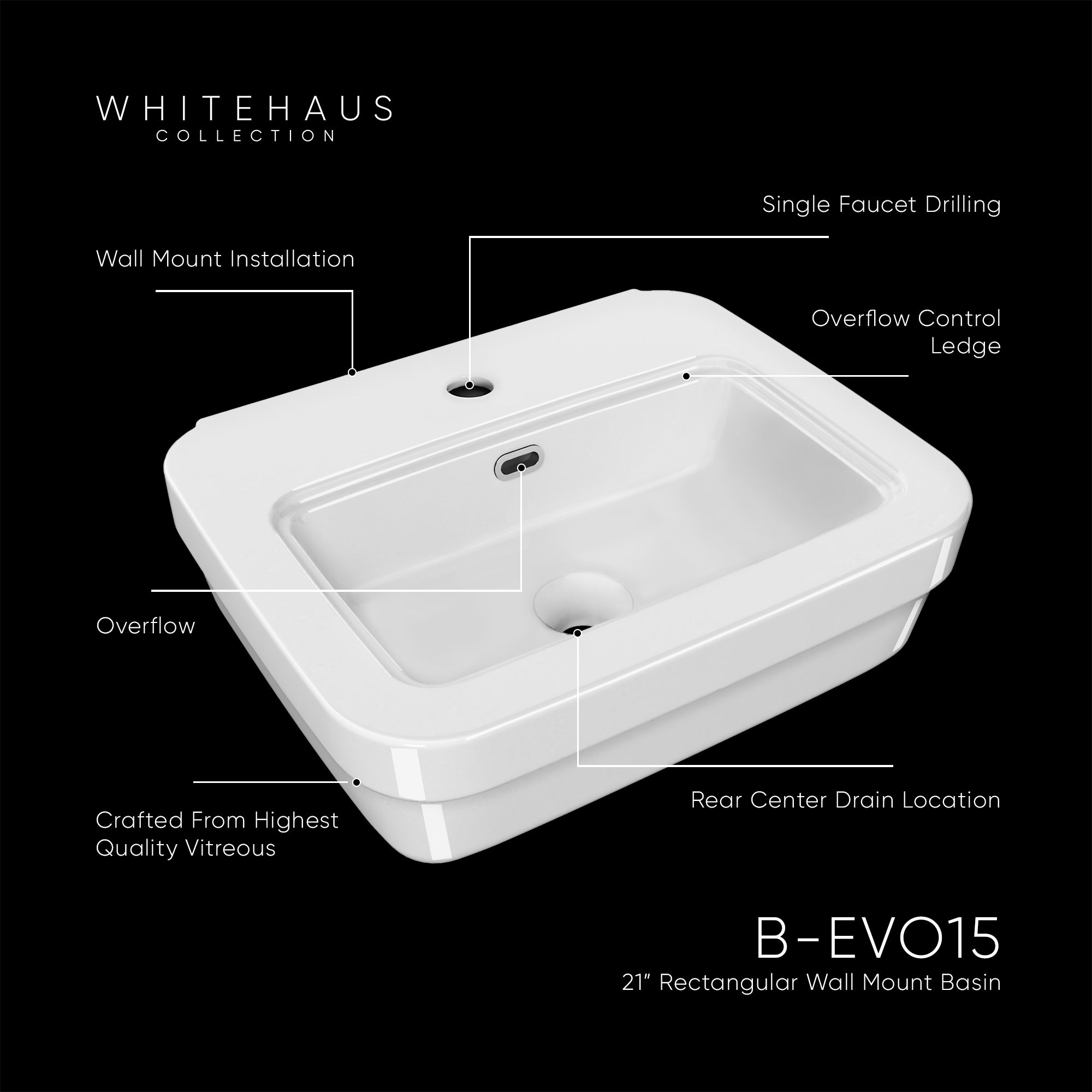 21" Rectangular Wall Mount Basin with Overflow Control Ledge, Single Faucet Drilling and Overflow