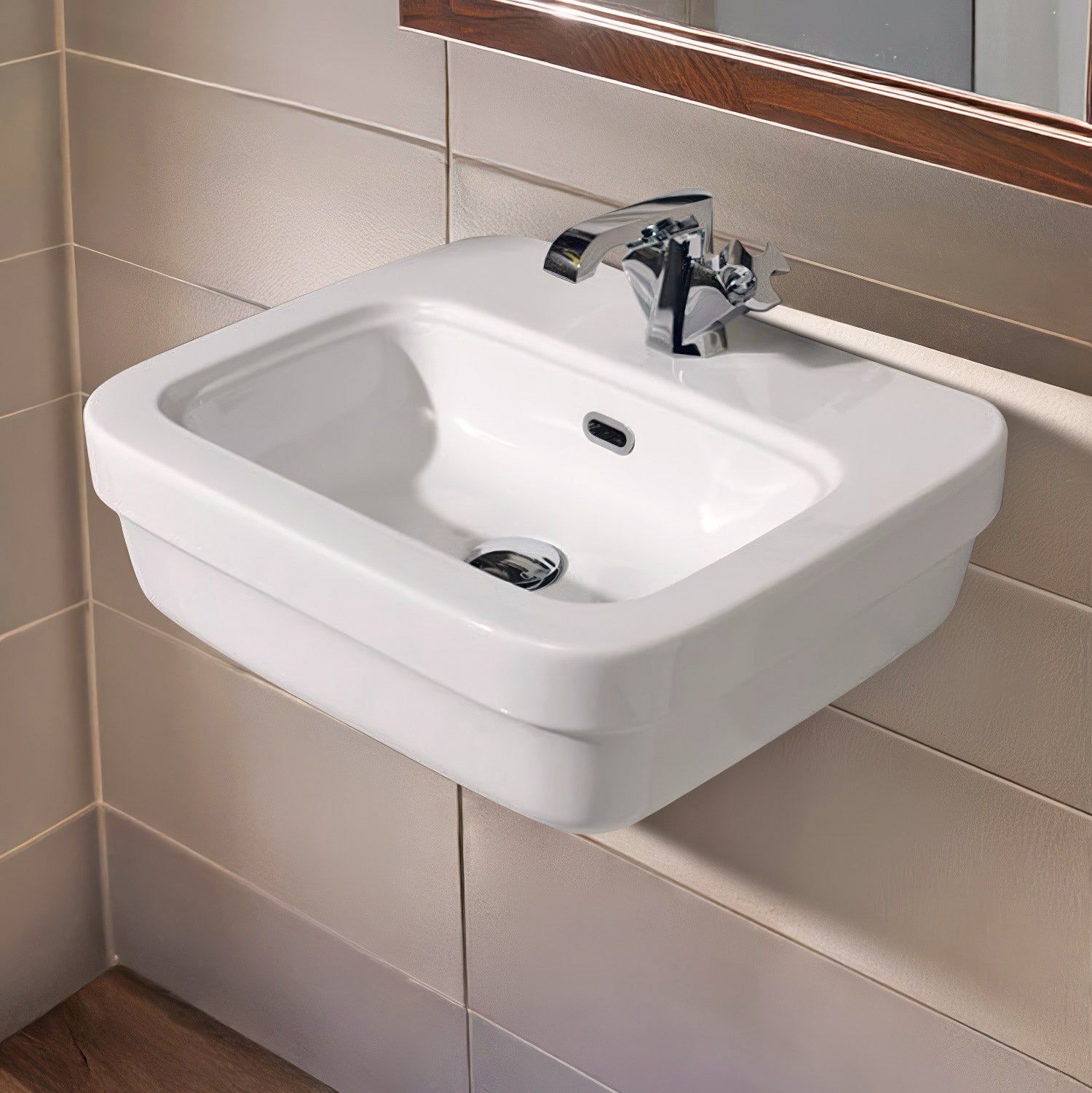 21" Rectangular Wall Mount Basin with Overflow Control Ledge, Single Faucet Drilling and Overflow