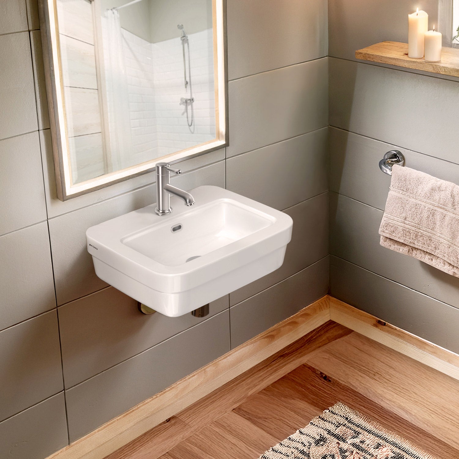 21" Rectangular Wall Mount Basin with Overflow Control Ledge, Single Faucet Drilling and Overflow