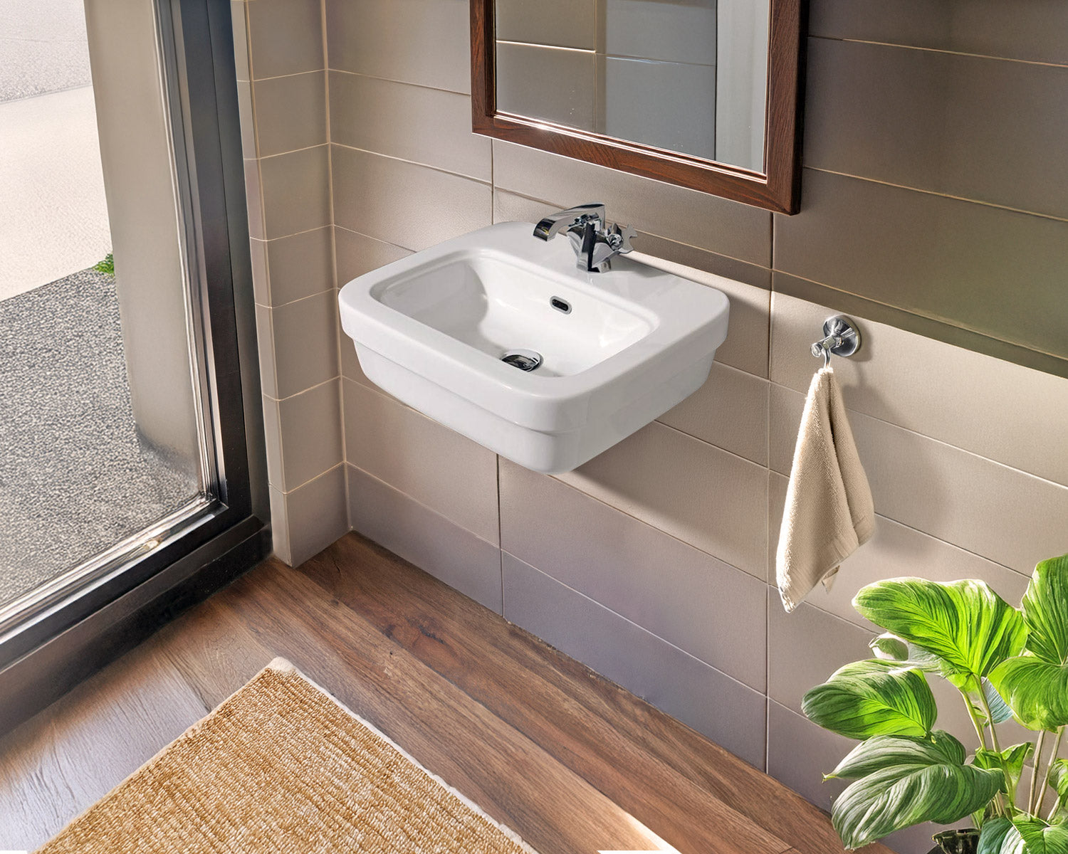 21" Rectangular Wall Mount Basin with Overflow Control Ledge, Single Faucet Drilling and Overflow