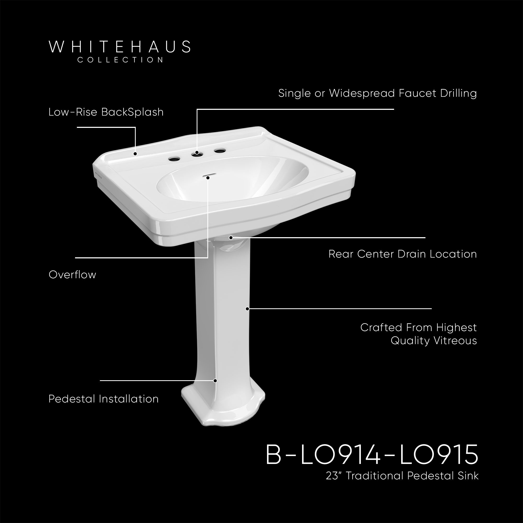 23" Traditional Pedestal Sink with an Integrated Oval Bowl, Faucet Drilling, Low-Rise Backsplash and Overflow