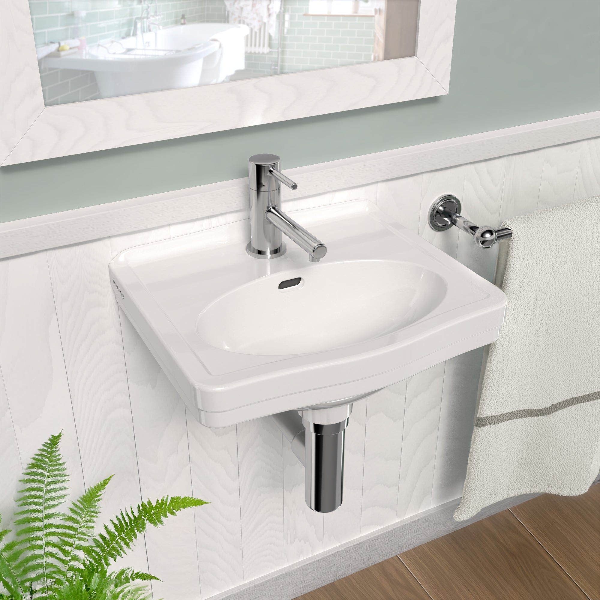 15" Rectangular Wall Mount Basin with Integrated Oval Bowl, Low-Rise Backsplash, Single Faucet Drilling and Overflow