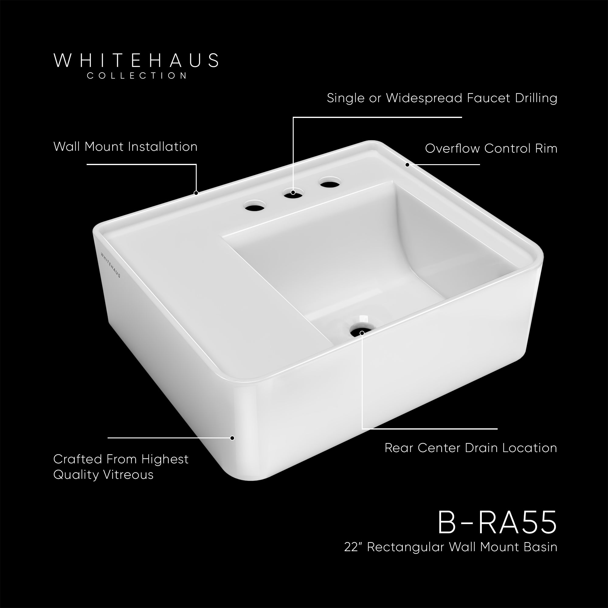 22" Rectangular Wall Mount Basin with Faucet Drilling and Rear Center Drain Location