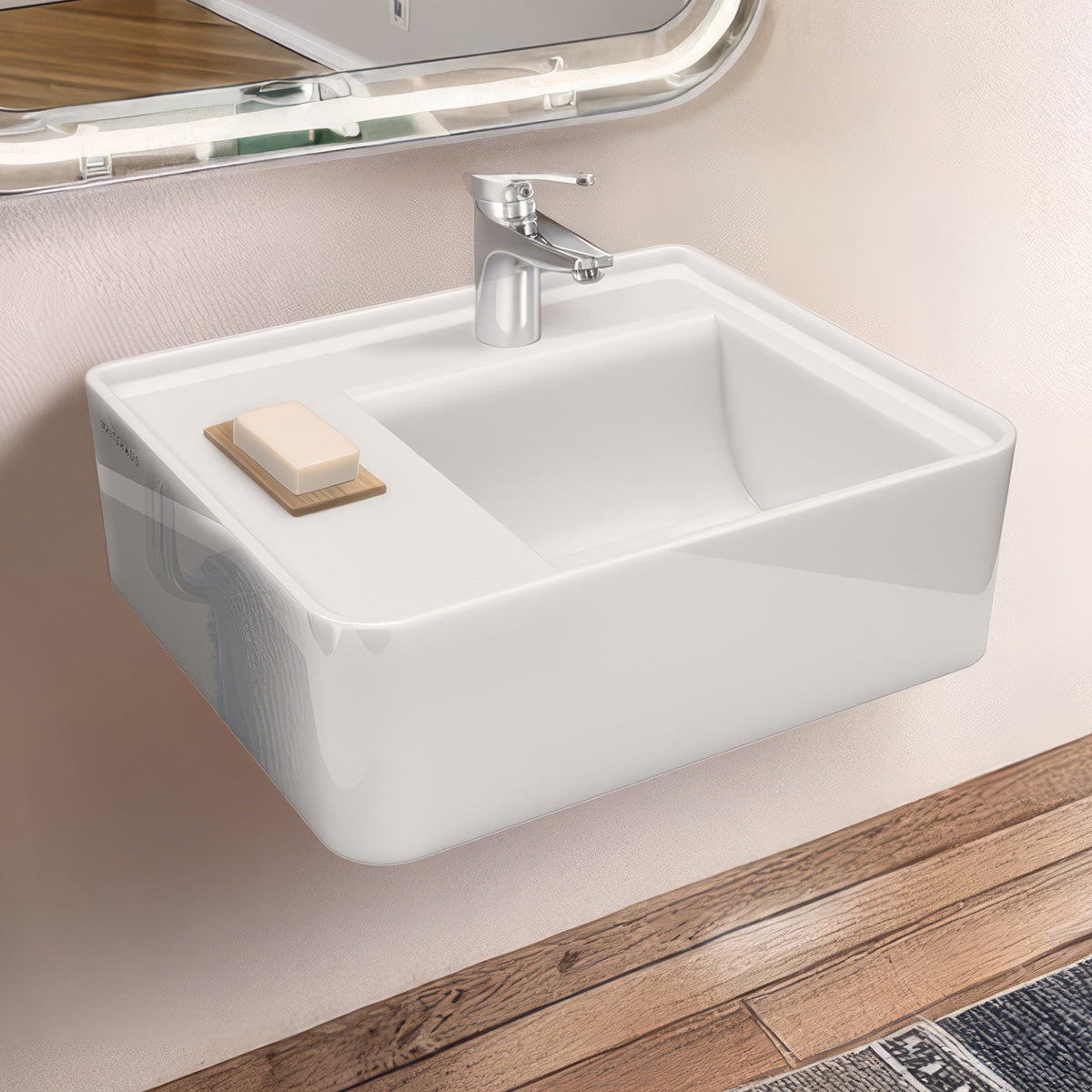 22" Rectangular Wall Mount Basin with Faucet Drilling and Rear Center Drain Location