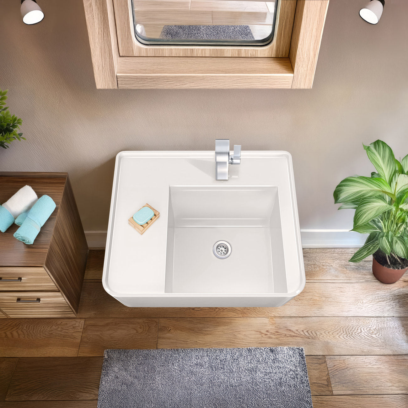 22" Rectangular Wall Mount Basin with Faucet Drilling and Rear Center Drain Location