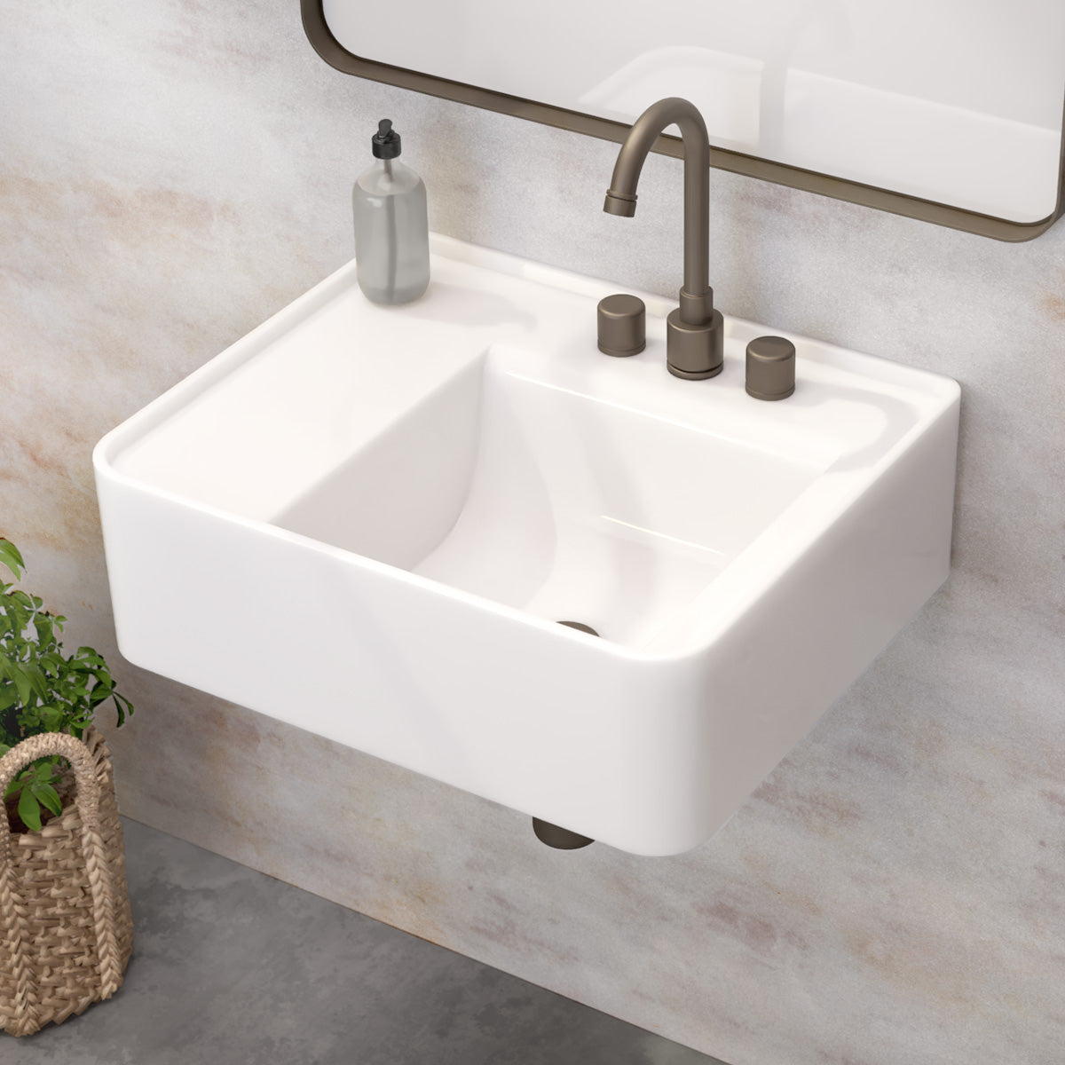 22" Rectangular Wall Mount Basin with Faucet Drilling and Rear Center Drain Location