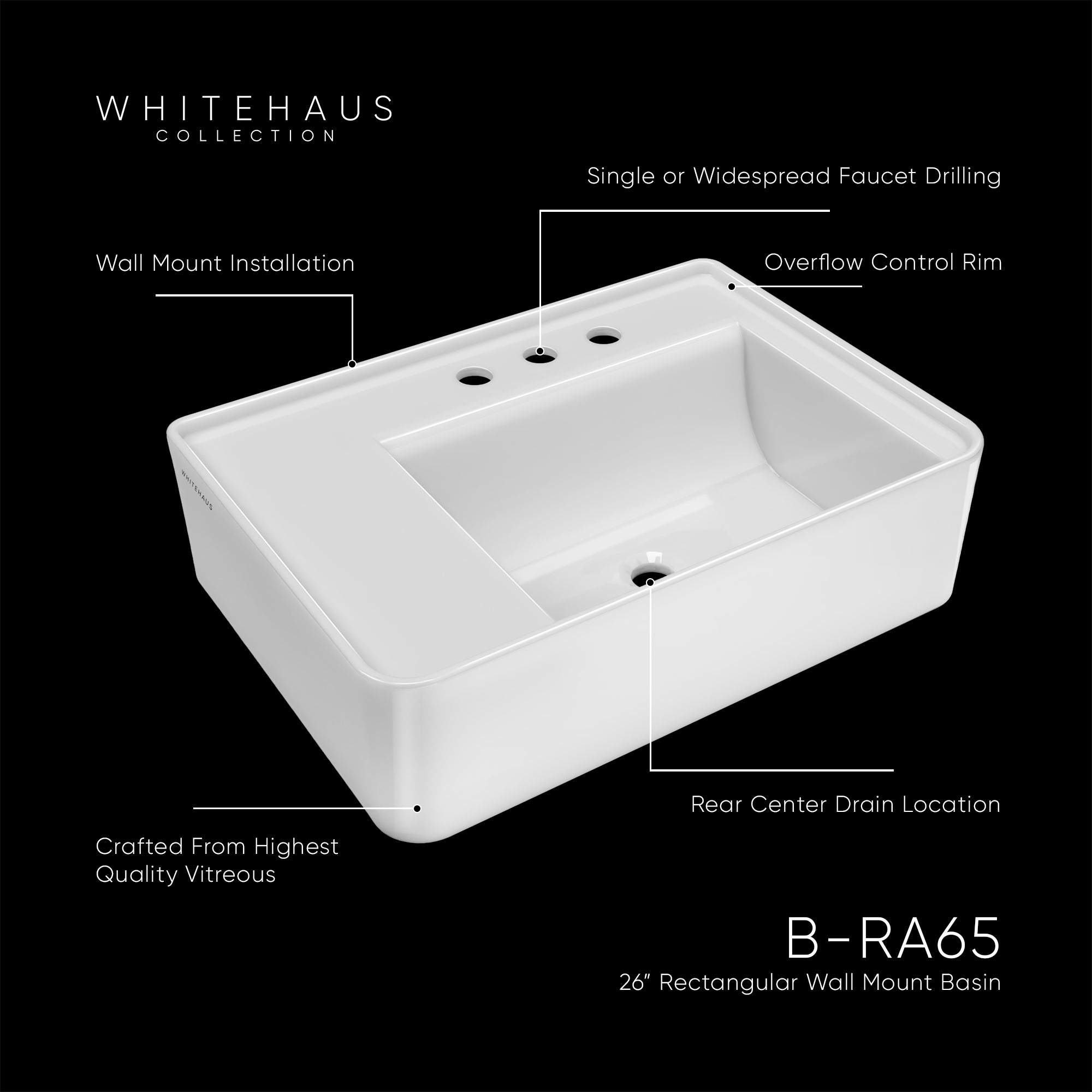 26" Rectangular Wall Mount Basin with Faucet Drilling and Rear Center Drain Location