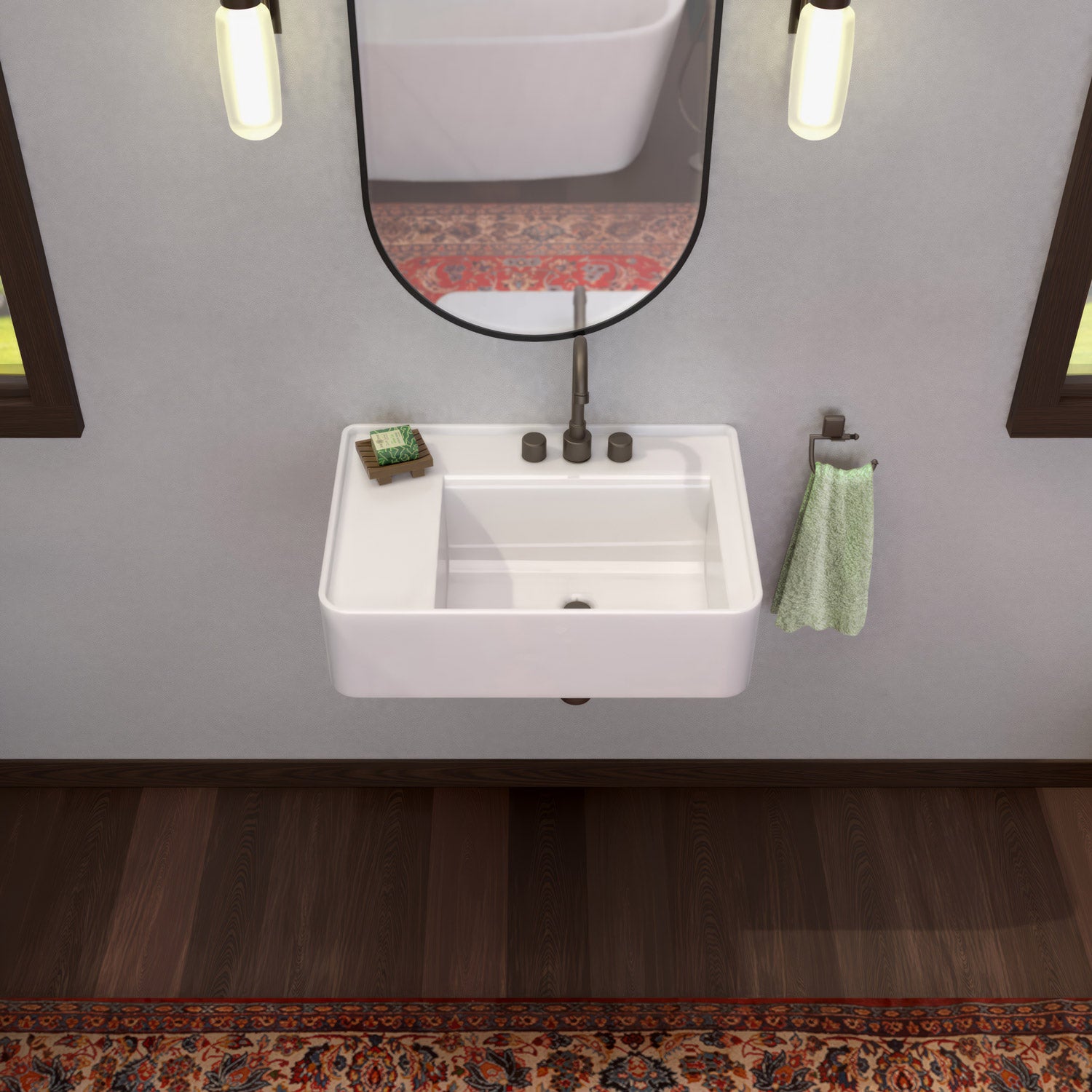 26" Rectangular Wall Mount Basin with Faucet Drilling and Rear Center Drain Location