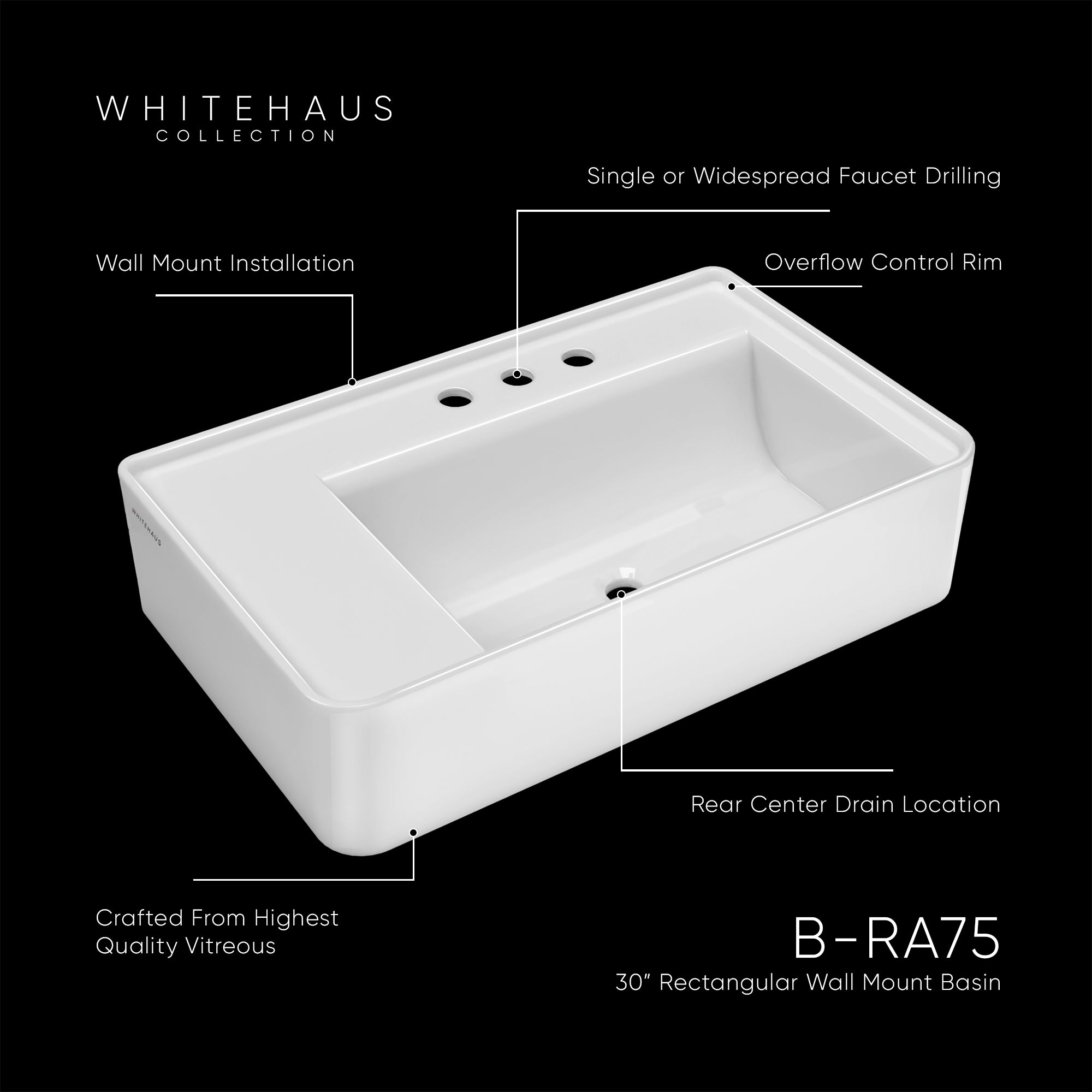 30" Rectangular Wall Mount Basin with Faucet Drilling and Rear Center Drain Location
