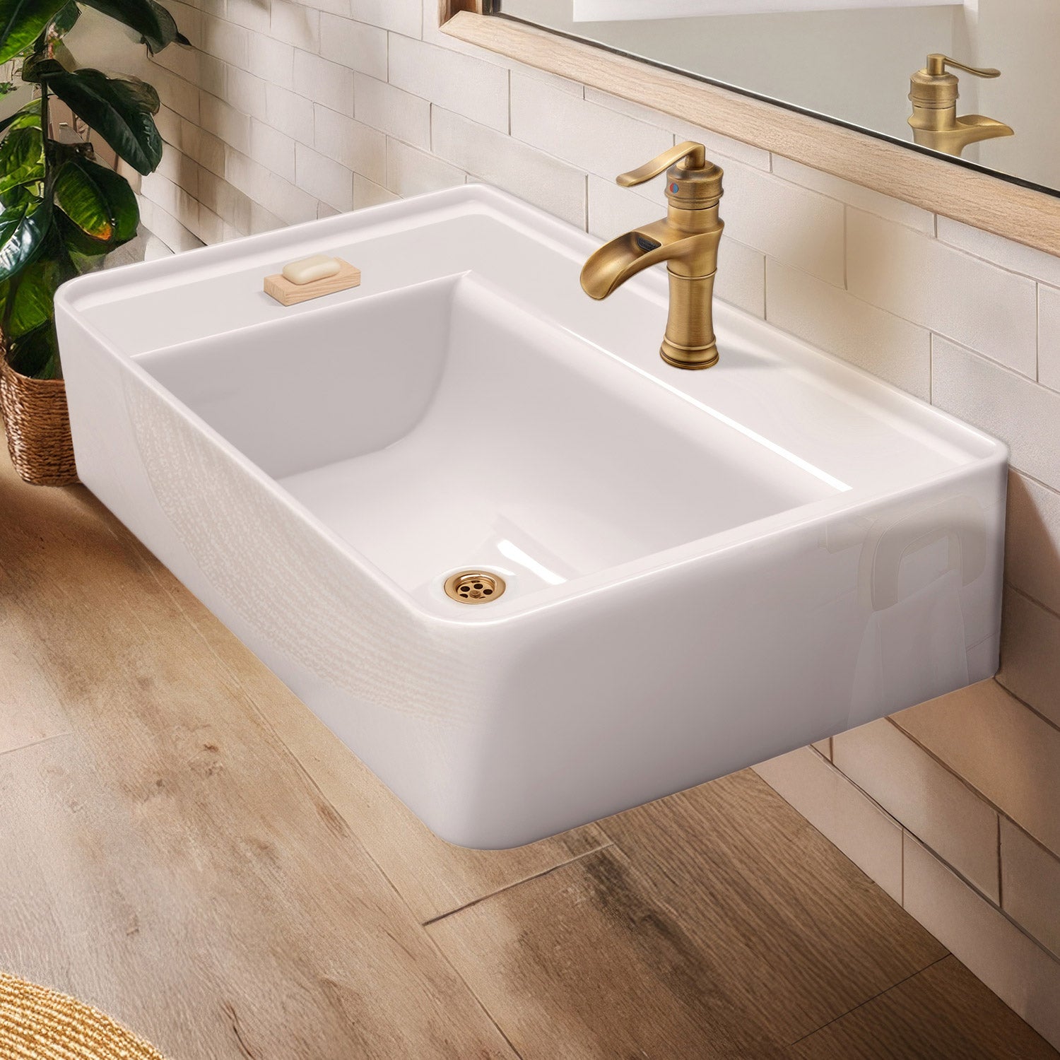 30" Rectangular Wall Mount Basin with Faucet Drilling and Rear Center Drain Location