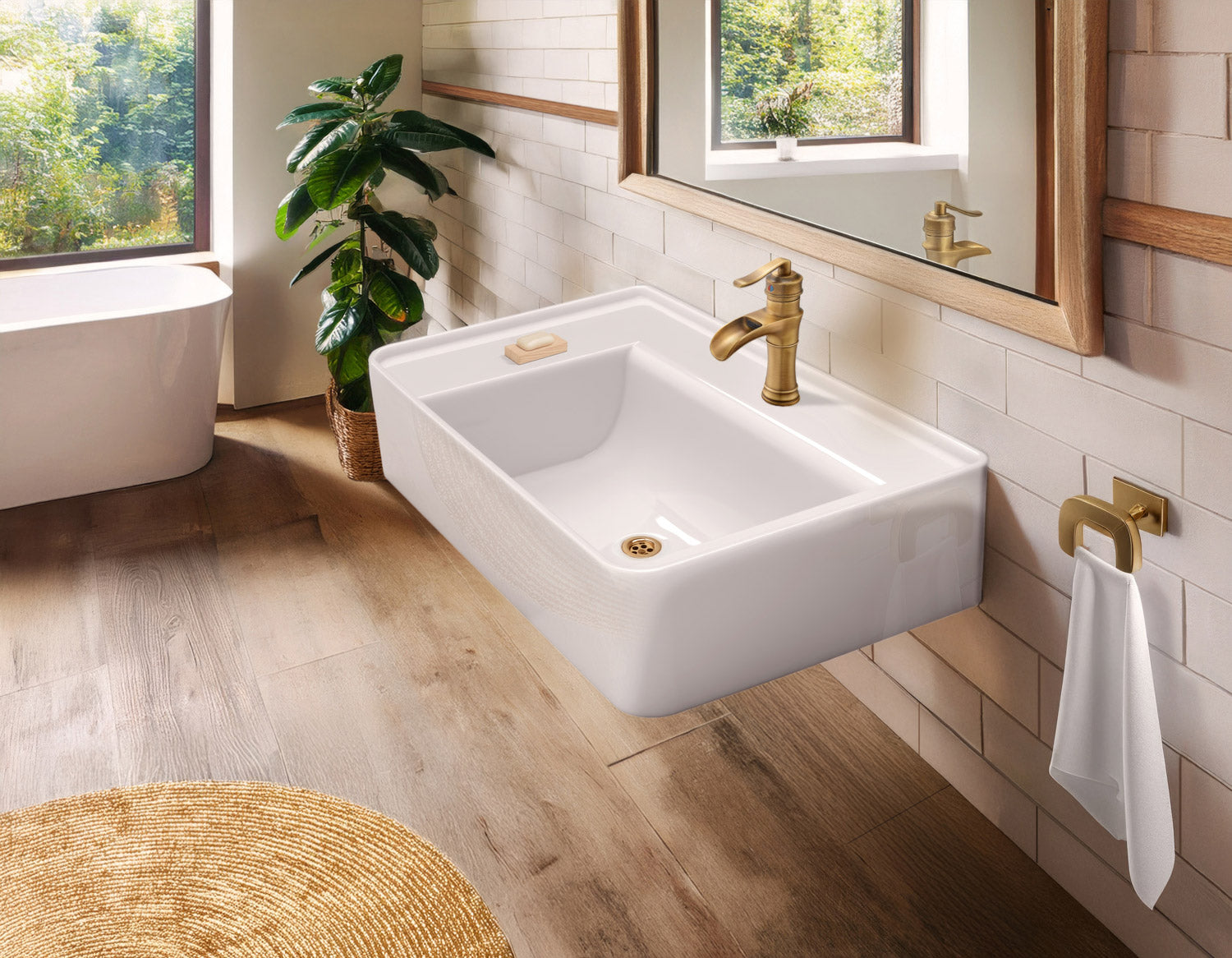 30" Rectangular Wall Mount Basin with Faucet Drilling and Rear Center Drain Location