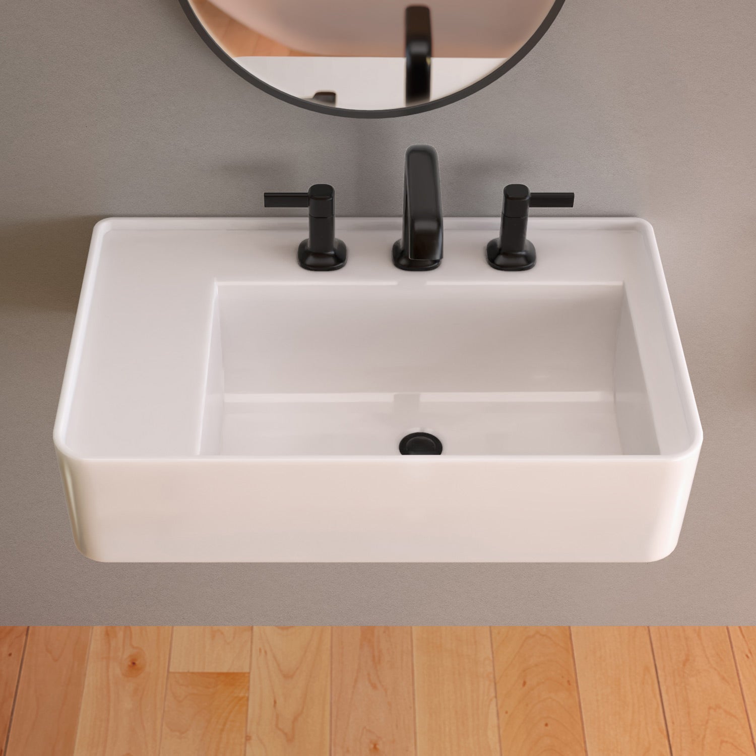30" Rectangular Wall Mount Basin with Faucet Drilling and Rear Center Drain Location
