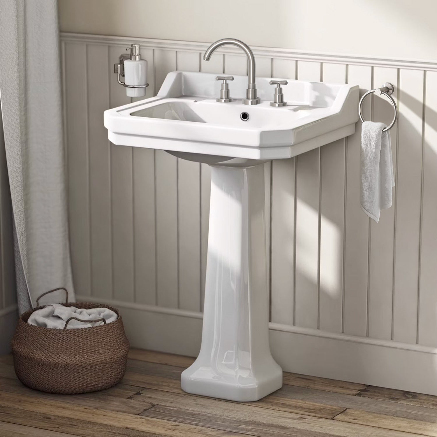 Isabella Collection Traditional Pedestal with Integrated Large Rectangular Bowl, Backsplash, Dual Soap Ledges, Decorative Trim and Overflow