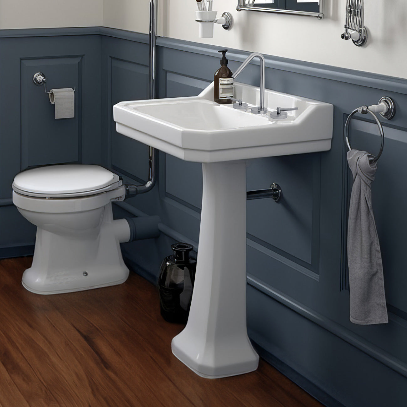 Isabella Collection Traditional Pedestal with Integrated Large Rectangular Bowl, Backsplash, Dual Soap Ledges, Decorative Trim and Overflow