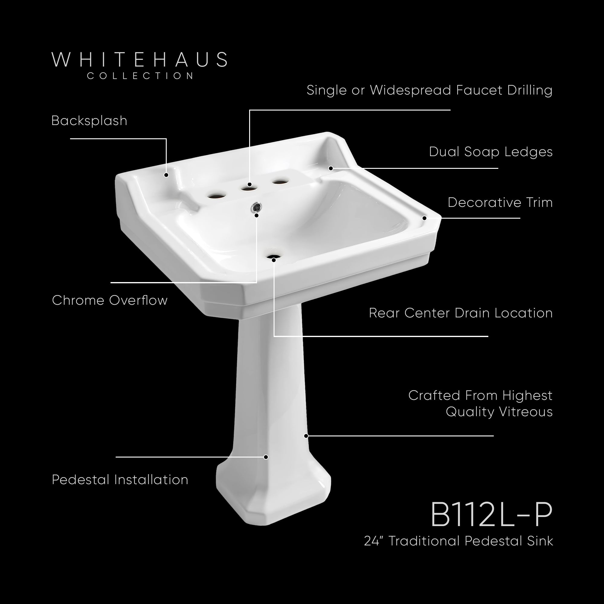 Isabella Collection Traditional Pedestal with Integrated Large Rectangular Bowl, Backsplash, Dual Soap Ledges, Decorative Trim and Overflow