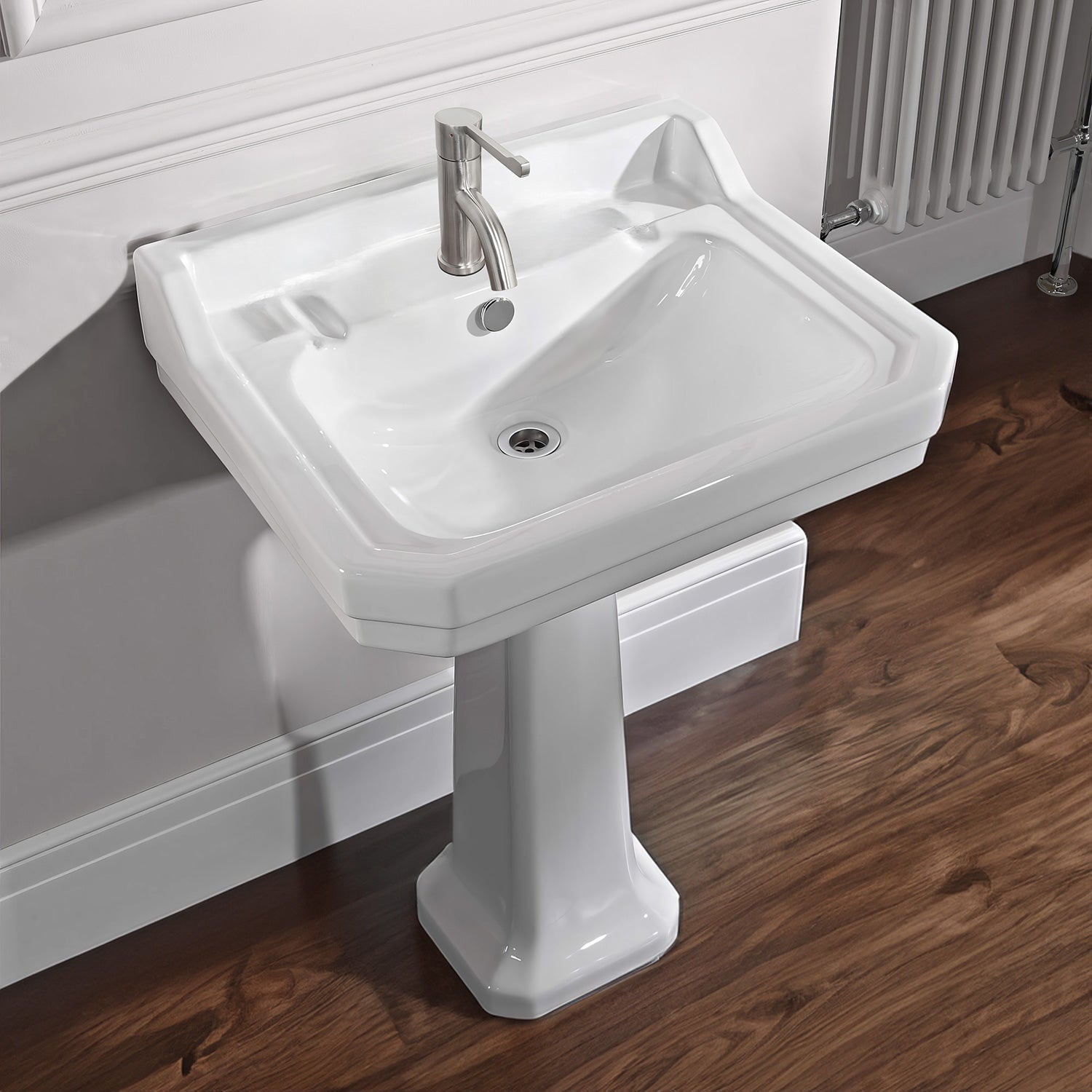 Isabella Collection Traditional Pedestal with Integrated Large Rectangular Bowl, Backsplash, Dual Soap Ledges, Decorative Trim and Overflow