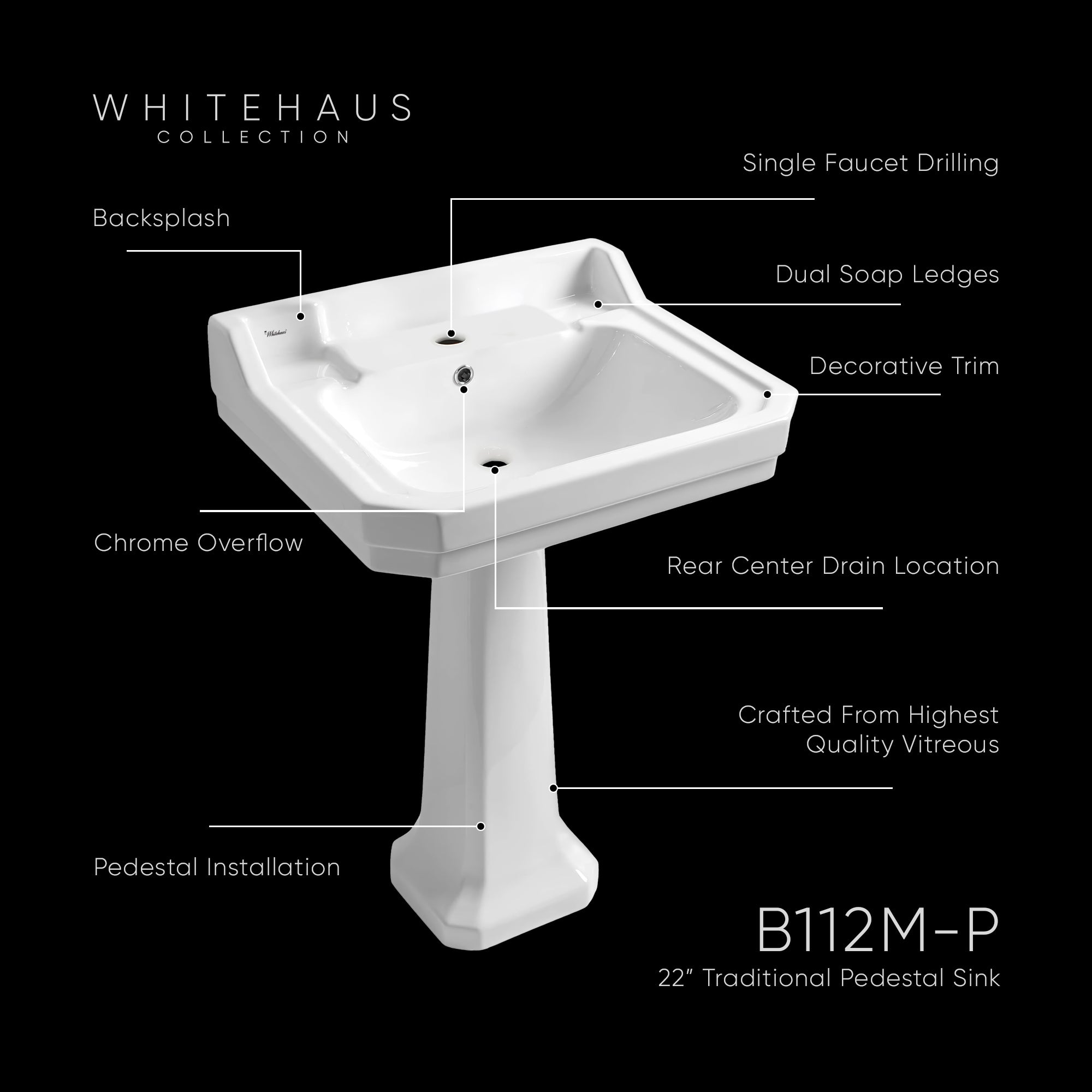 Isabella Collection Traditional Pedestal with Integrated Rectangular Bowl, Backsplash, Dual Soap Ledges, Decorative Trim and Overflow