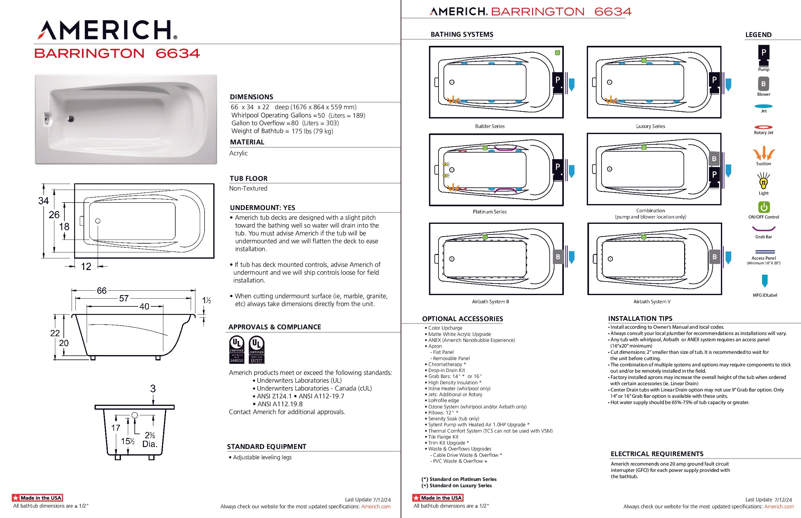 Americh Barrington 6634 - Platinum Series Drop-in Bathtub BA6634P-WH