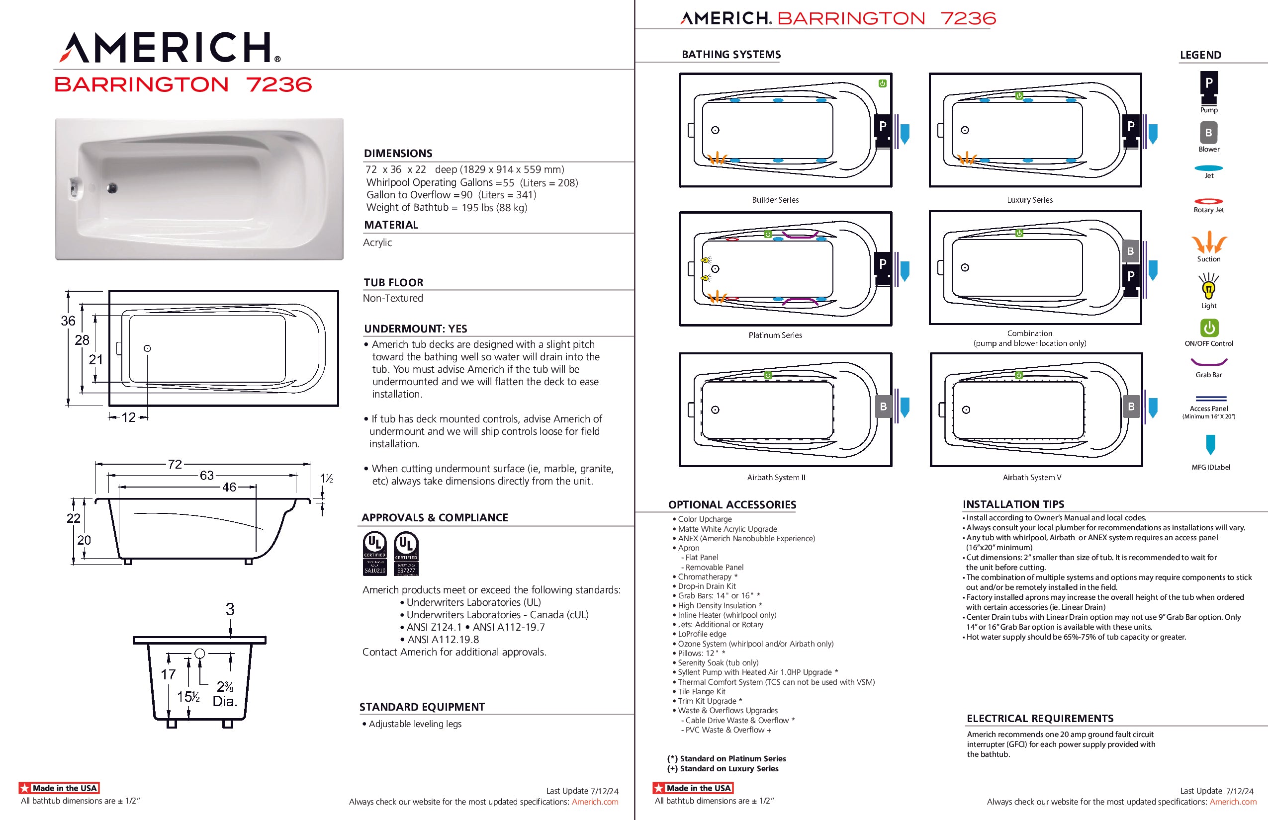 Americh Barrington 7236 - Tub Only Drop-in Bathtub BA7236T-WH