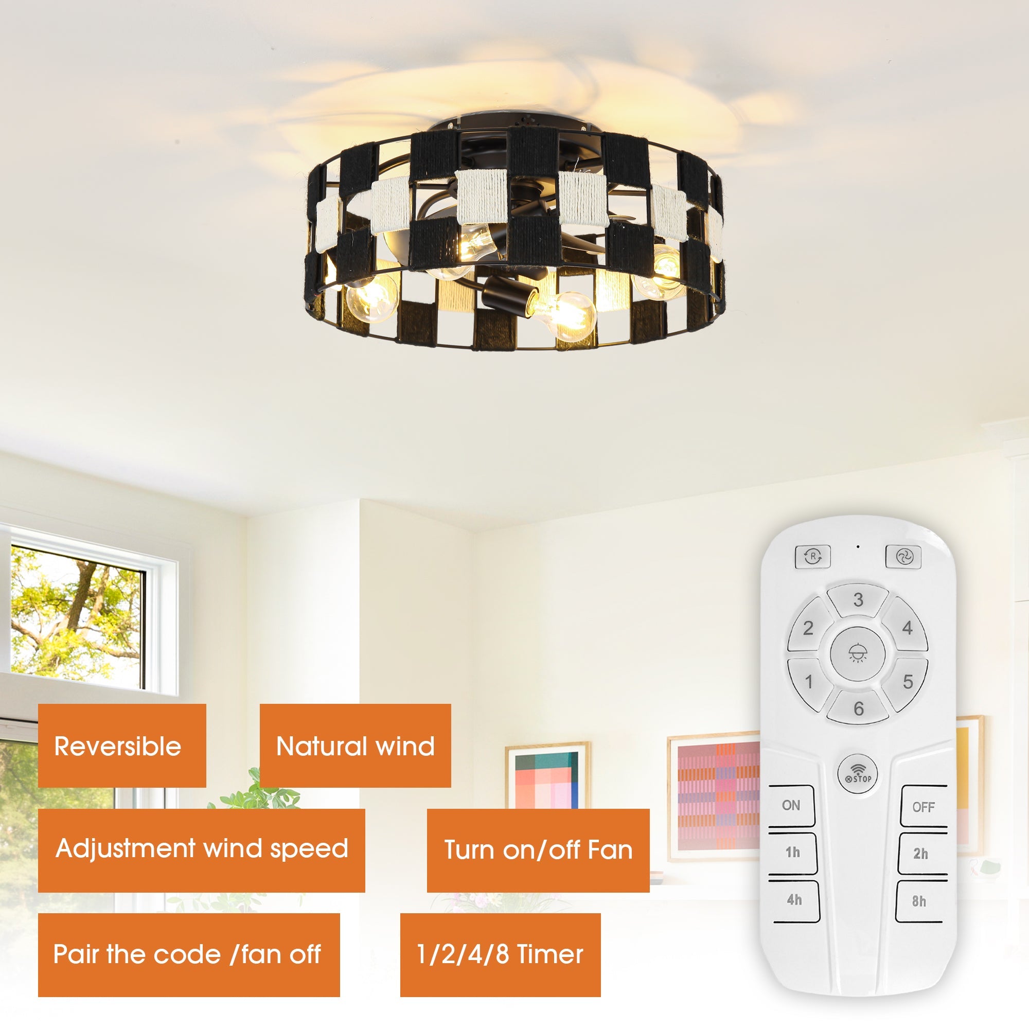 18 Inch Black Industrial Flush Mount Ceiling Fan with Light APP and Remote Control
