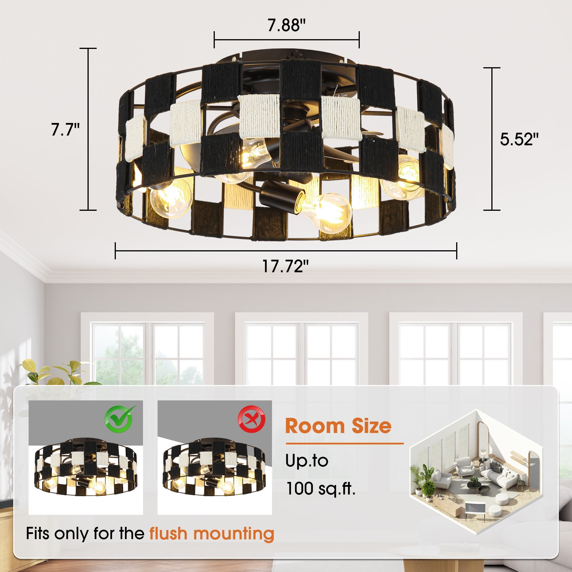 18 Inch Black Industrial Flush Mount Ceiling Fan with Light APP and Remote Control