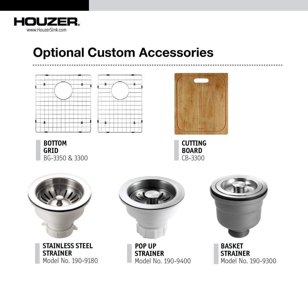 Houzer Bellus 33" Stainless Steel Drop-in Topmount 1-hole 60/40 Double Bowl Kitchen Sink with Strainer & Grids