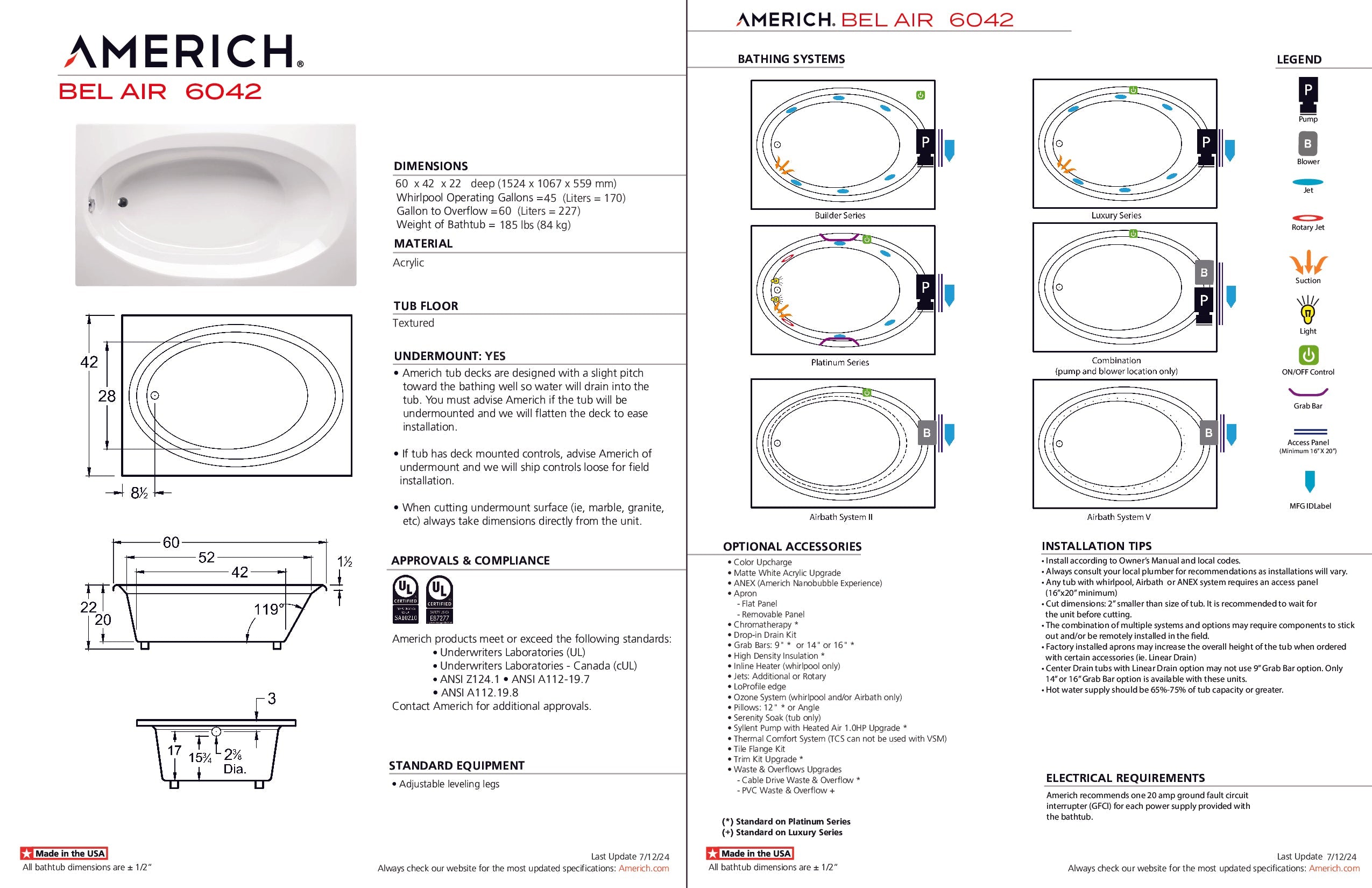 Americh Bel Air 6042 - Platinum Series Drop-in Bathtub BE6042P-WH