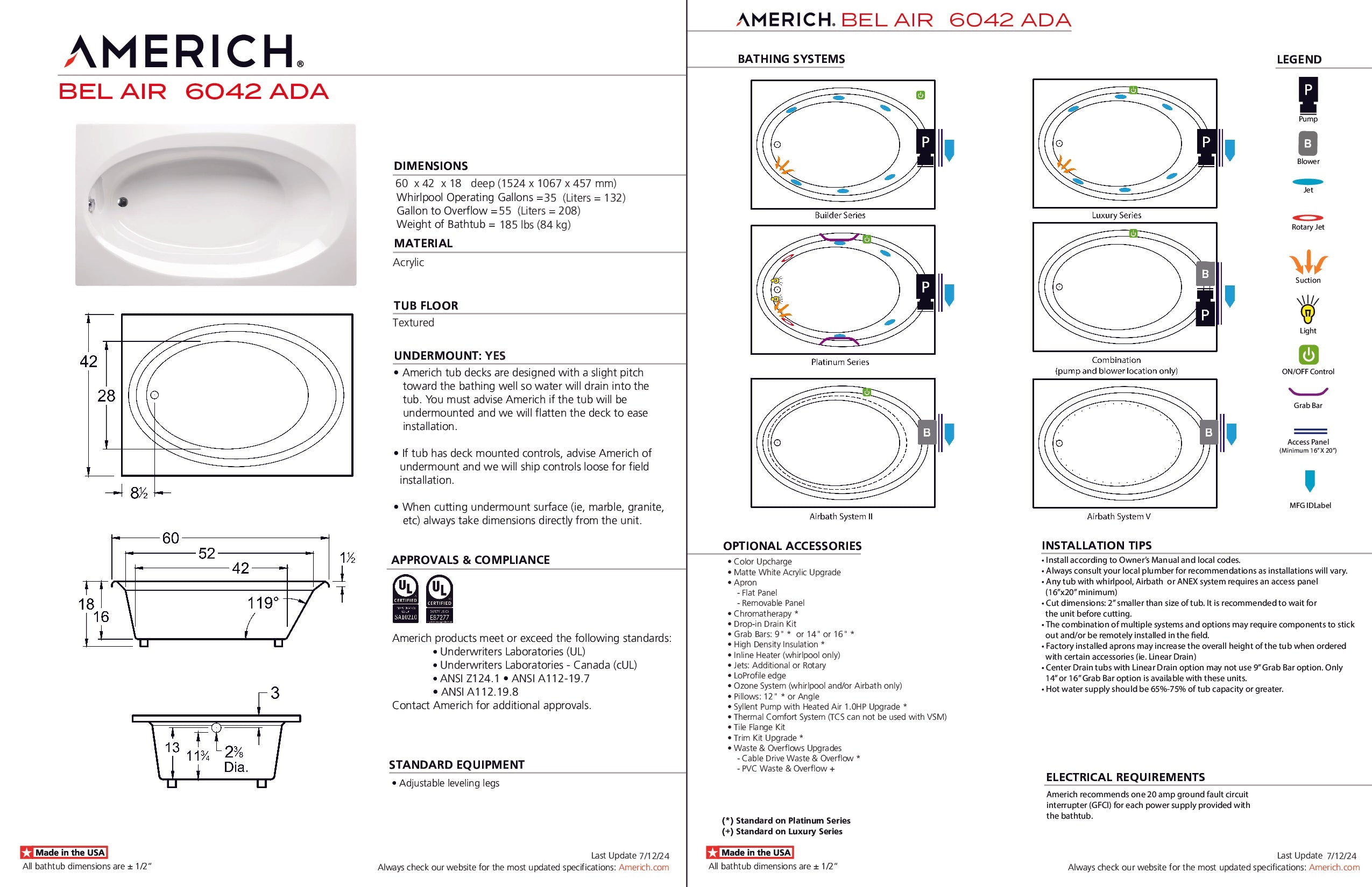 Americh Bel Air 6042 - Platinum Series Drop-in Bathtub BE6042P-WH
