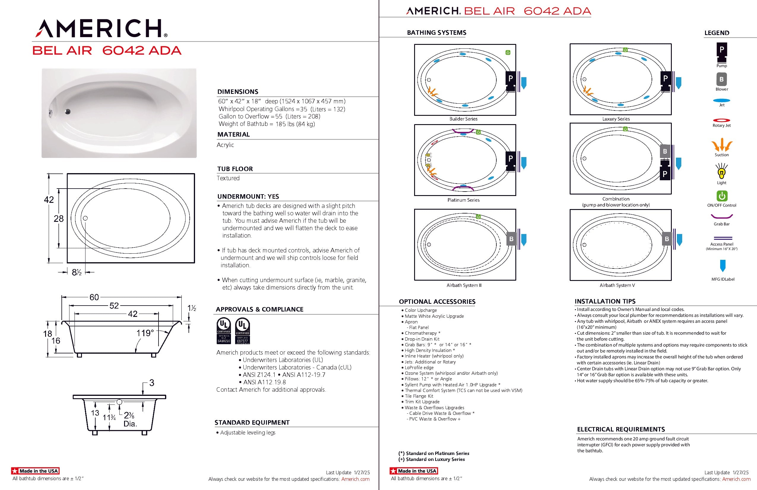 Americh Bel Air 6042 ADA - Platinum Series Drop-in Bathtub BE6042ADAP-WH
