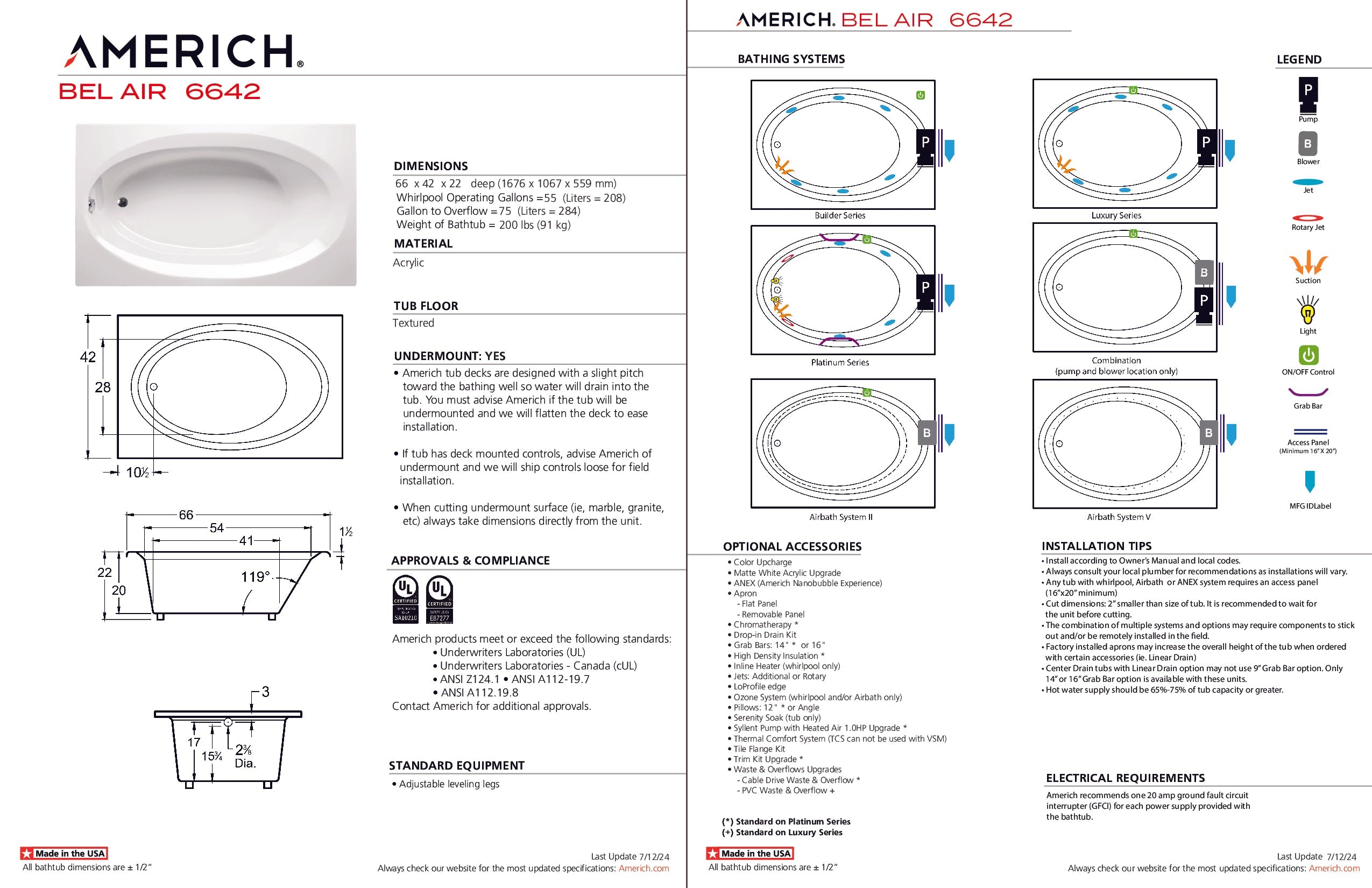 Americh Bel Air 6642 - Luxury Series Drop-in Bathtub BE6642L-WH