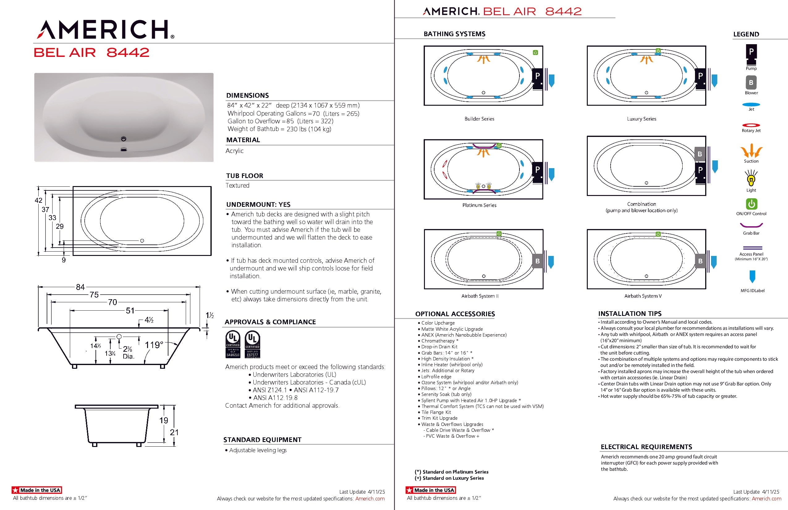 Americh Bel Air 8442 - Luxury Series Drop-in Bathtub BE8442L-WH