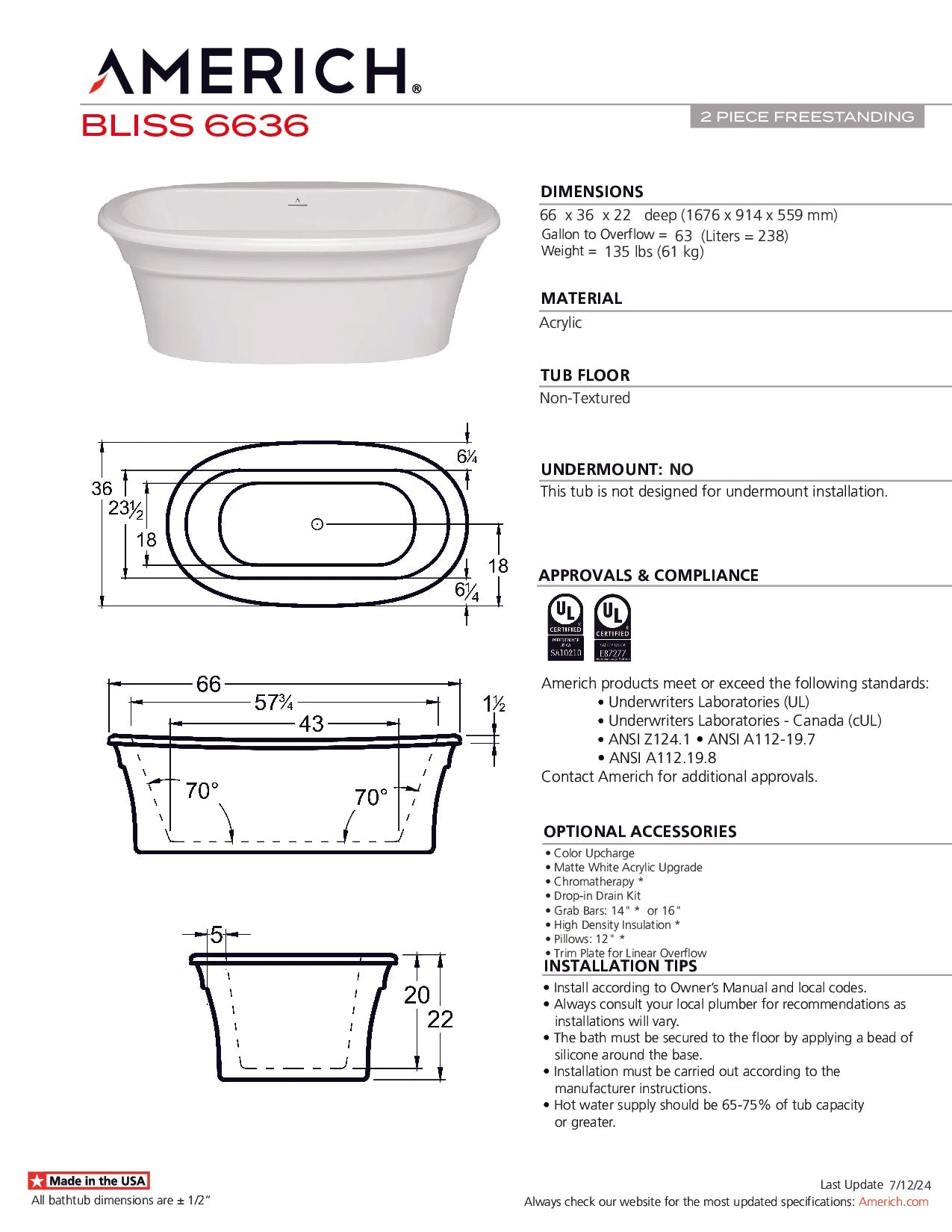 Americh Bliss 6636 - Tub Only 2pc Freestanding Bathtub BL6636T-WH