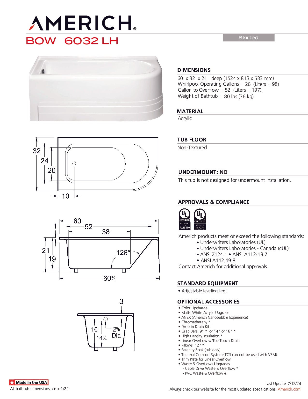 Americh Bow 6032 Tub Only Skirted Bathtub BO6032TL-WH