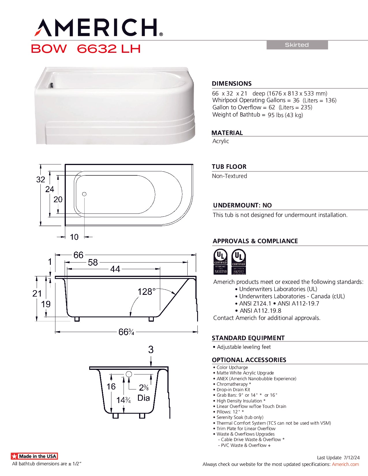 Americh Bow 6632 Tub Only Skirted Bathtub BO6632TL-WH