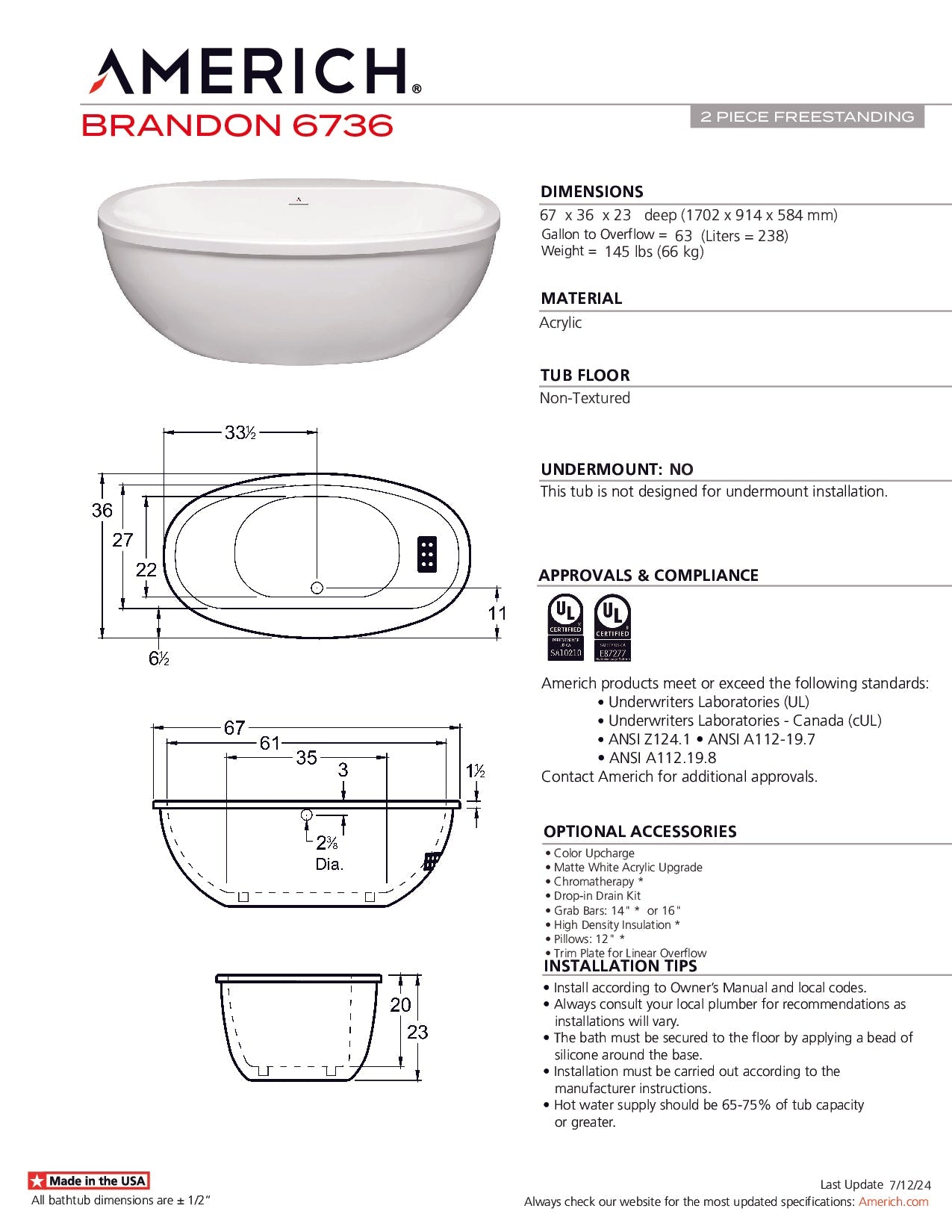 Americh Brandon 6736 - Tub Only 2pc Freestanding Bathtub BN6736T-WH