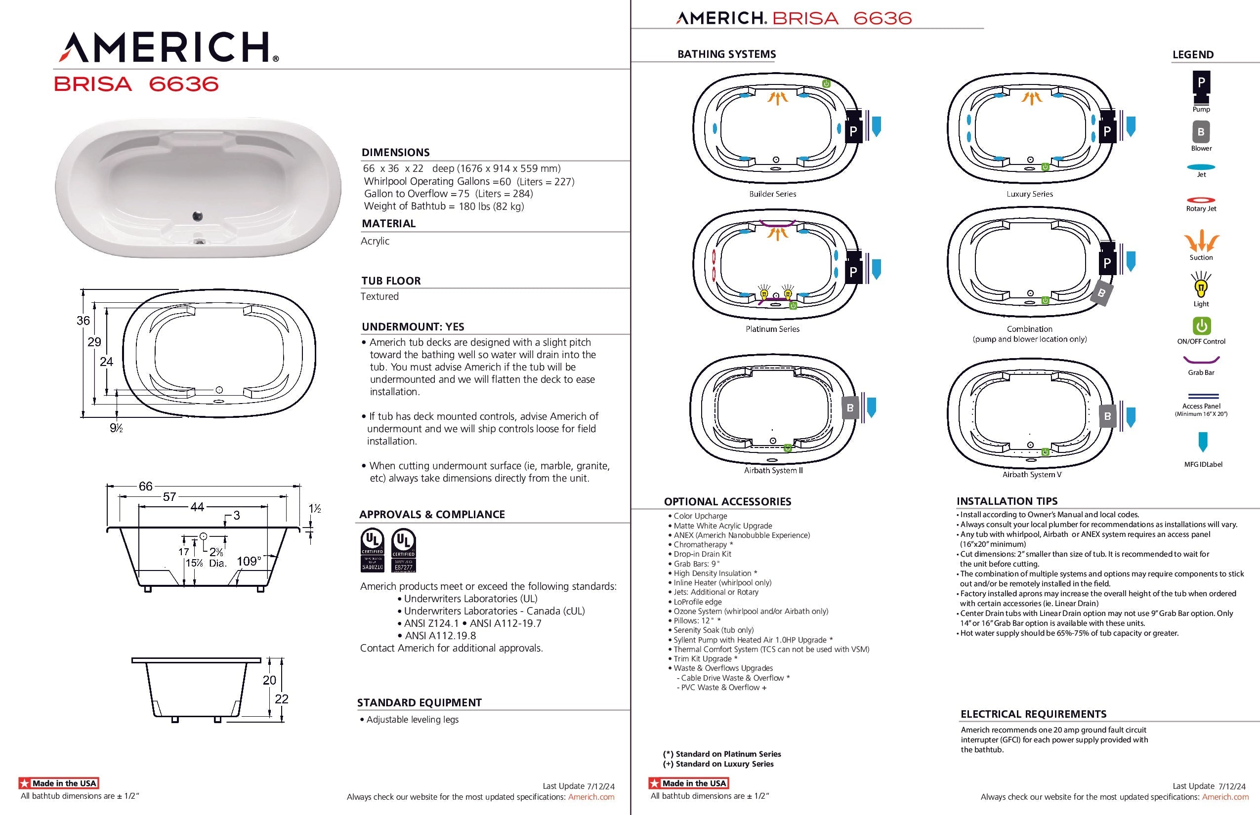 Americh Brisa 6636 - Tub Only Drop-in Bathtub BR6636T-WH